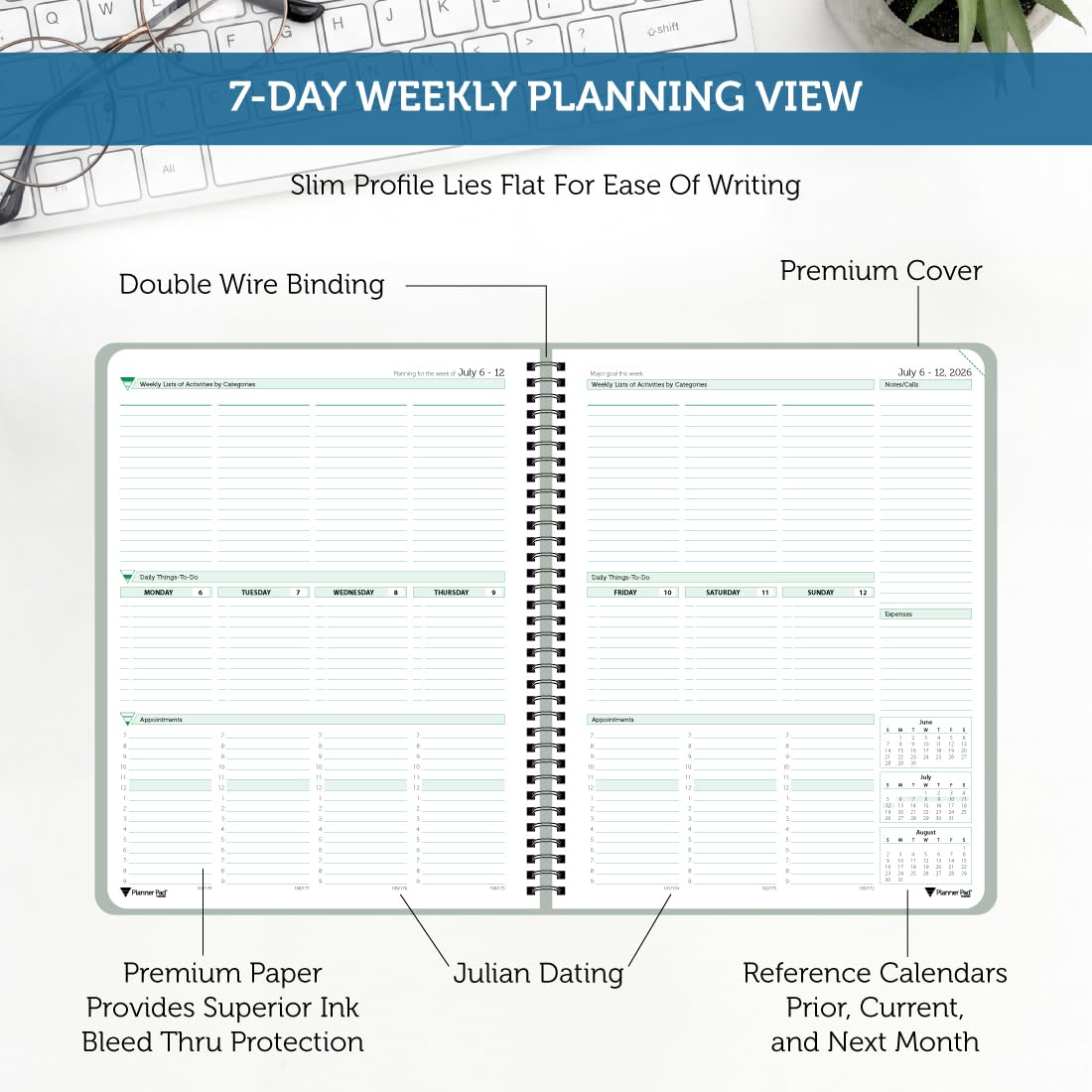 Planner Pad Spiral Bound July 2026 - June 2027 / Academic Year 6 3/4" x 8 1/2" Medium 3-Tier Funnel Down 12 Month Organizer, Greenish Grey Cover/Soft Green Ink