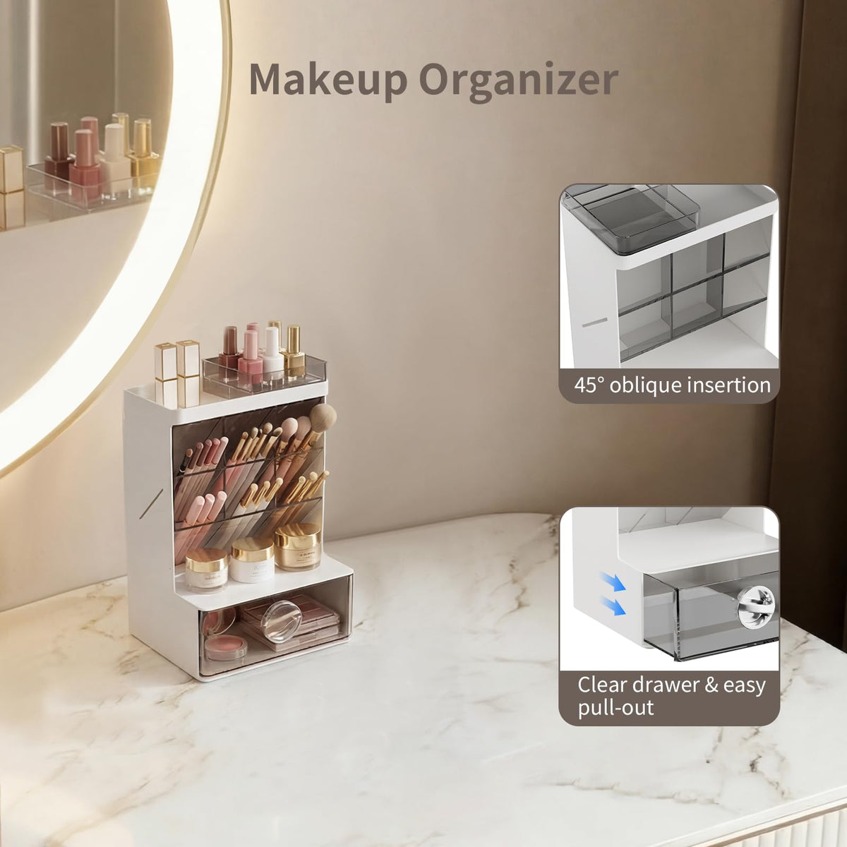 Veystor Pen Organizer with Drawer, 6 Compartments Desk Pencil Holder for Stationery & Craft, Multi-Purpose Art Supply Organizers for Office Desktop, Vanity, Bathroom, Pantry & Home Storage