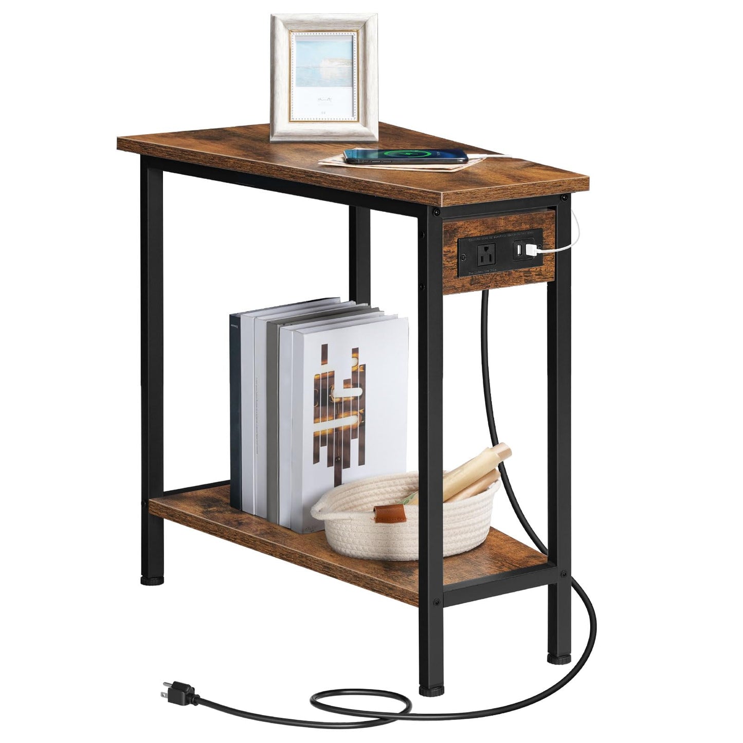 HOOBRO Wedge End Table with Charging Station, Recliner Wedge Side Table with Open Storage Shelves, Industrial Triangle Accent Table for Small Spaces, Corner, Living Room, Rustic Brown BF64UBZ01G1