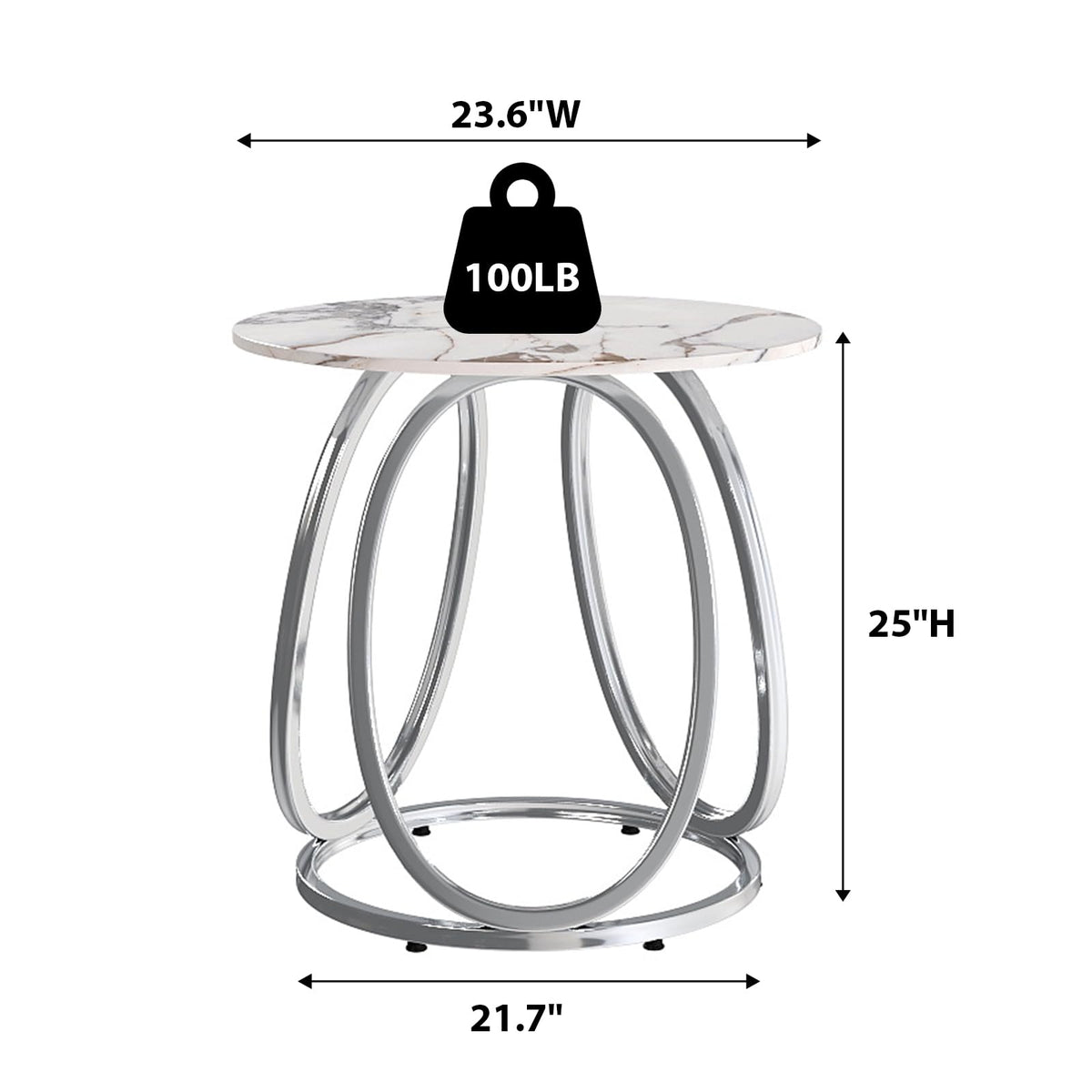 O&K FURNITURE Silver Side Table Living Room, Round End Table with Metal Frame, Modern Nightstand for Small Spaces, Bedroom, Home Office, 1PC