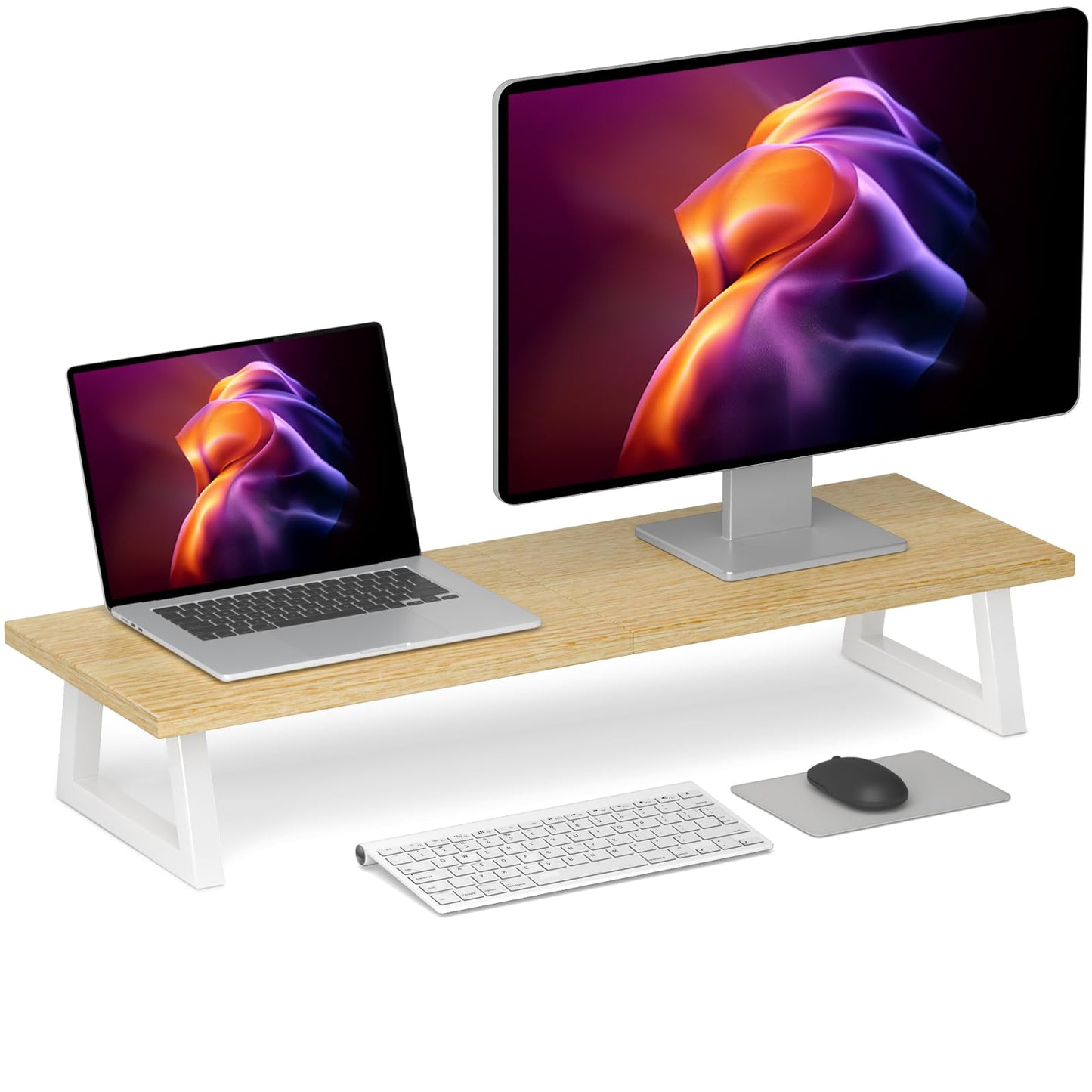 TEAMIX 31.5 inch Dual Monitor Riser - Wide TV Stand for 2 Monitors - Wood & Steel Desktop Riser for Dual Screen Office Desk Organization