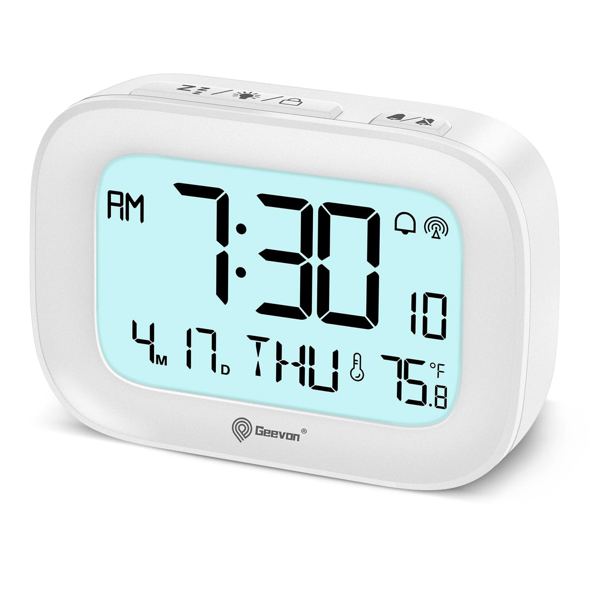 Geevon Small Digital Atomic Alarm Clock for Bedroom, Portable Battery Operated Travel Desk Clock for Heavy Sleepers, with 10s Backlight, Temperature, 3 Inch Display, White