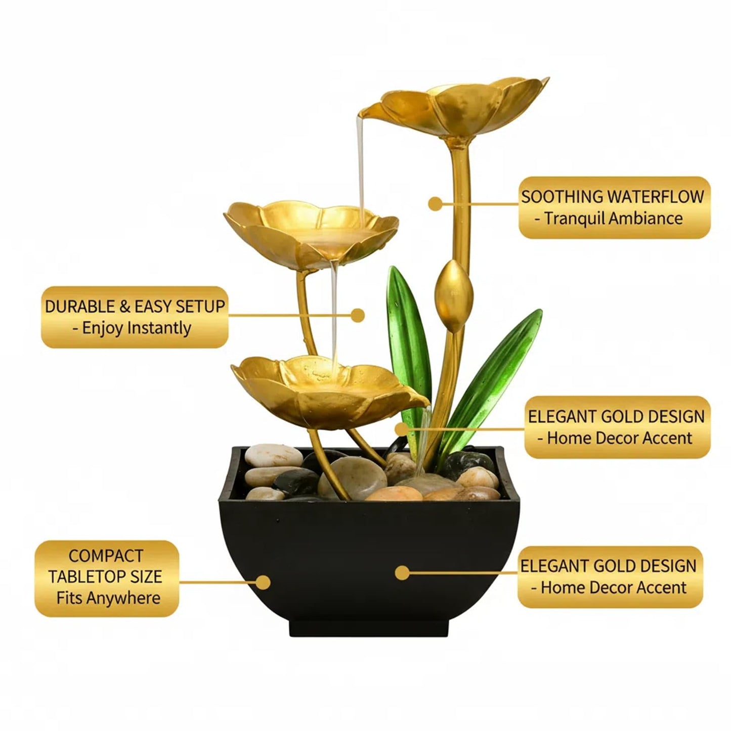 Qingyingge 11‘’ H Gold Tabletop Water Fountain, Zen Desktop Waterfall, Indoor Lotus Desktop Decorative Fountain, Home Bathroom Bedroom Decor.