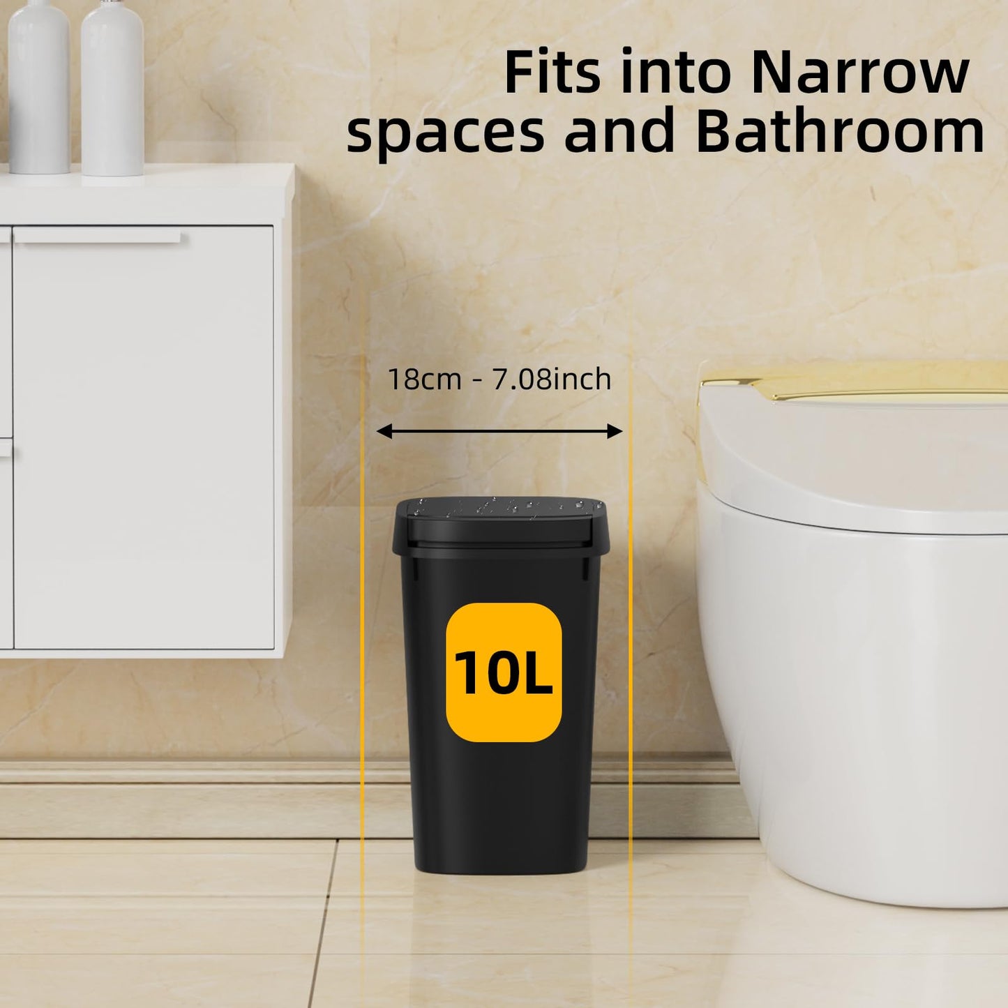KSSKSS 3 Pack Bathroom Small Trash Can with Lid, 2.6 Gallon Slim Garbage Bin with Pop-Up Lid, 10L Plastic Wastebasket for Bedroom, Office, Kitchen, Toilet (Matte Black)