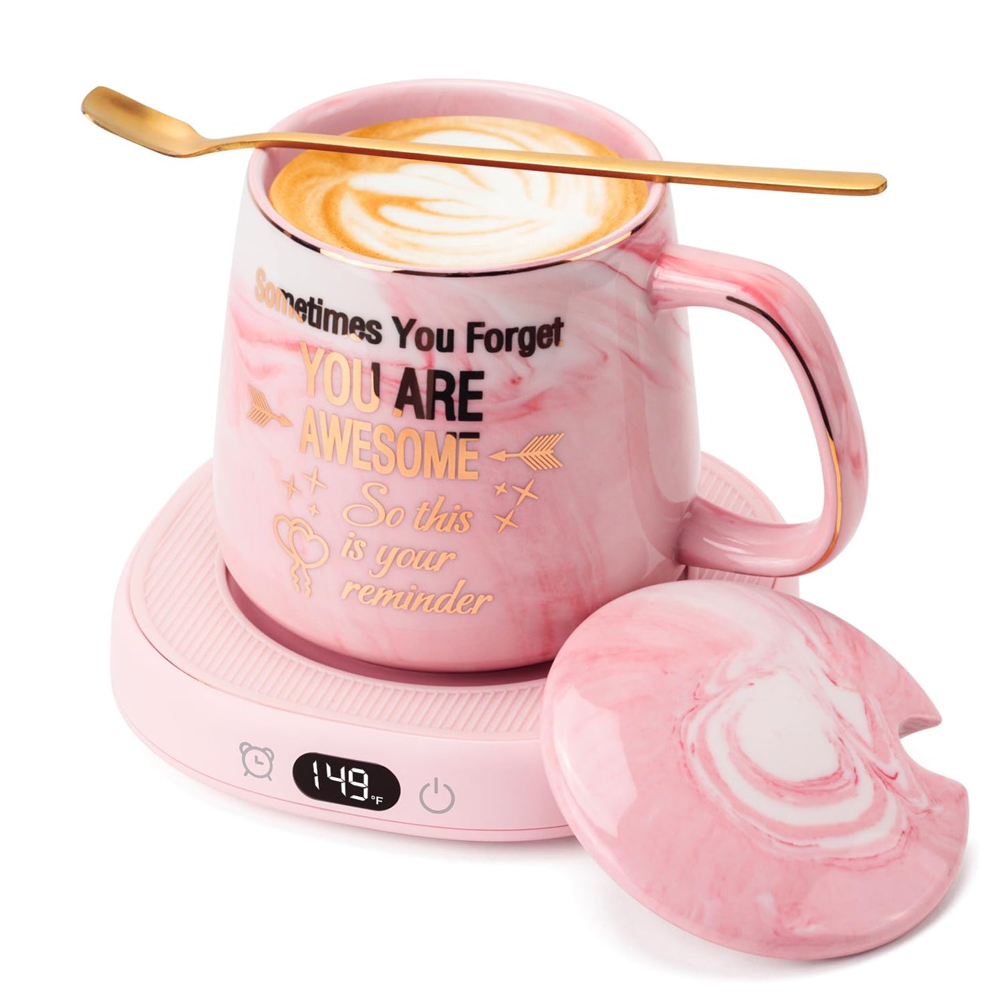 Coffee Mug Warmer & You are Awesome Mug Set, Electric Cup Warmer for Desk, Beverage Warmer with 4 Temperature Setting, 8-Hours Auto Shut Off