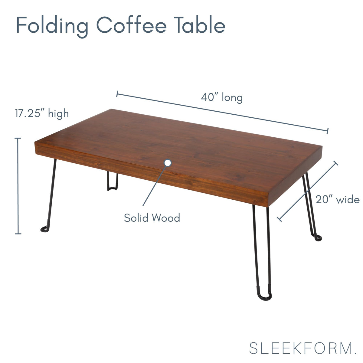 Sleekform Folding Wooden Coffee Table - Collapsible 20x40 Light Wood Mini Desk - Lightweight Foldable Coffee Table for Small Spaces - Fold Up Hairpin Legs - Walnut Wood Finish