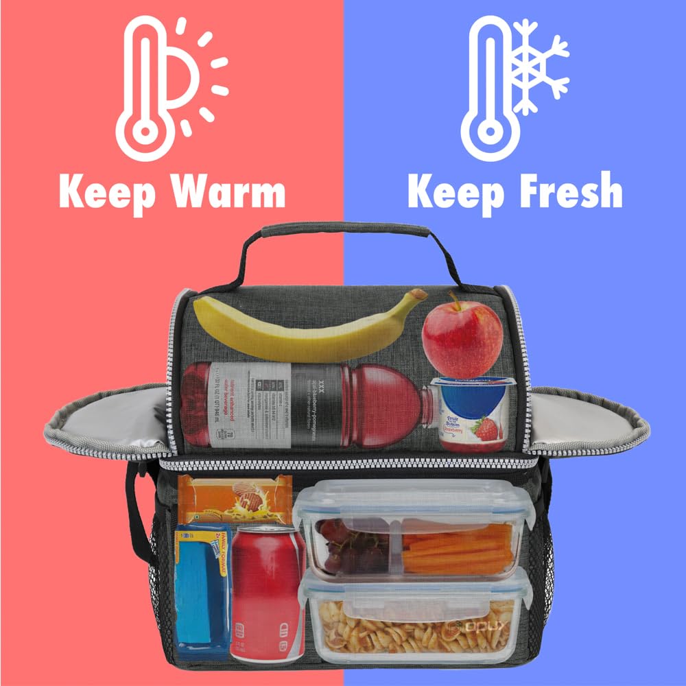 opux Insulated Lunch Bag Women Men, Dual Compartment Leakproof Lunch Box Adults Kids, Double Decker Meal Prep Bento Lunch Cooler Tote with Shoulder Strap for Work Office School Travel, Dark Gray