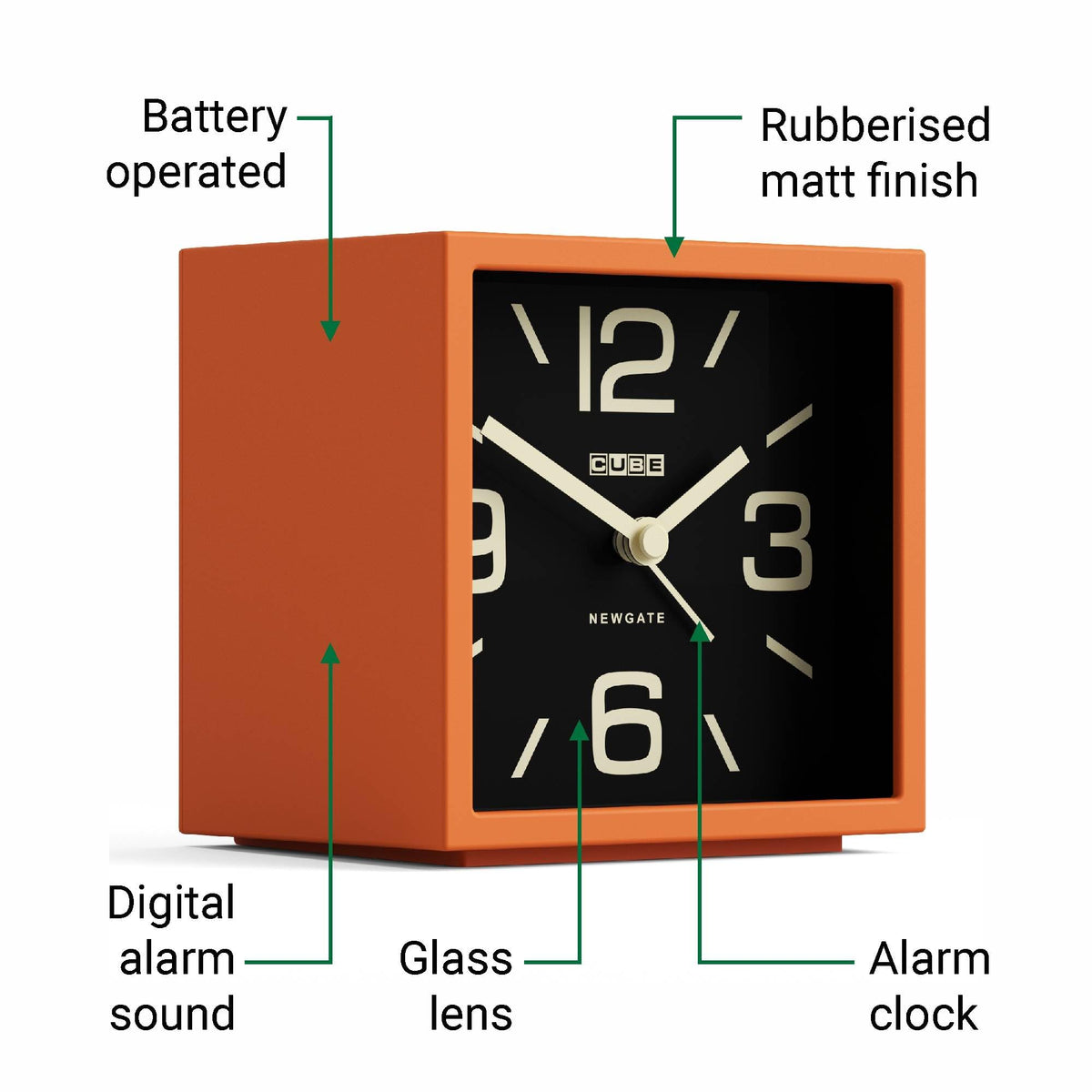 NEWGATE® Cube Alarm Clock | Design-led Cube Shaped Retro Alarm | Orange | Ideal for Bedside, Desk, Shelf & Mantel | Mid-Century Retro Bedroom & Office Accessory