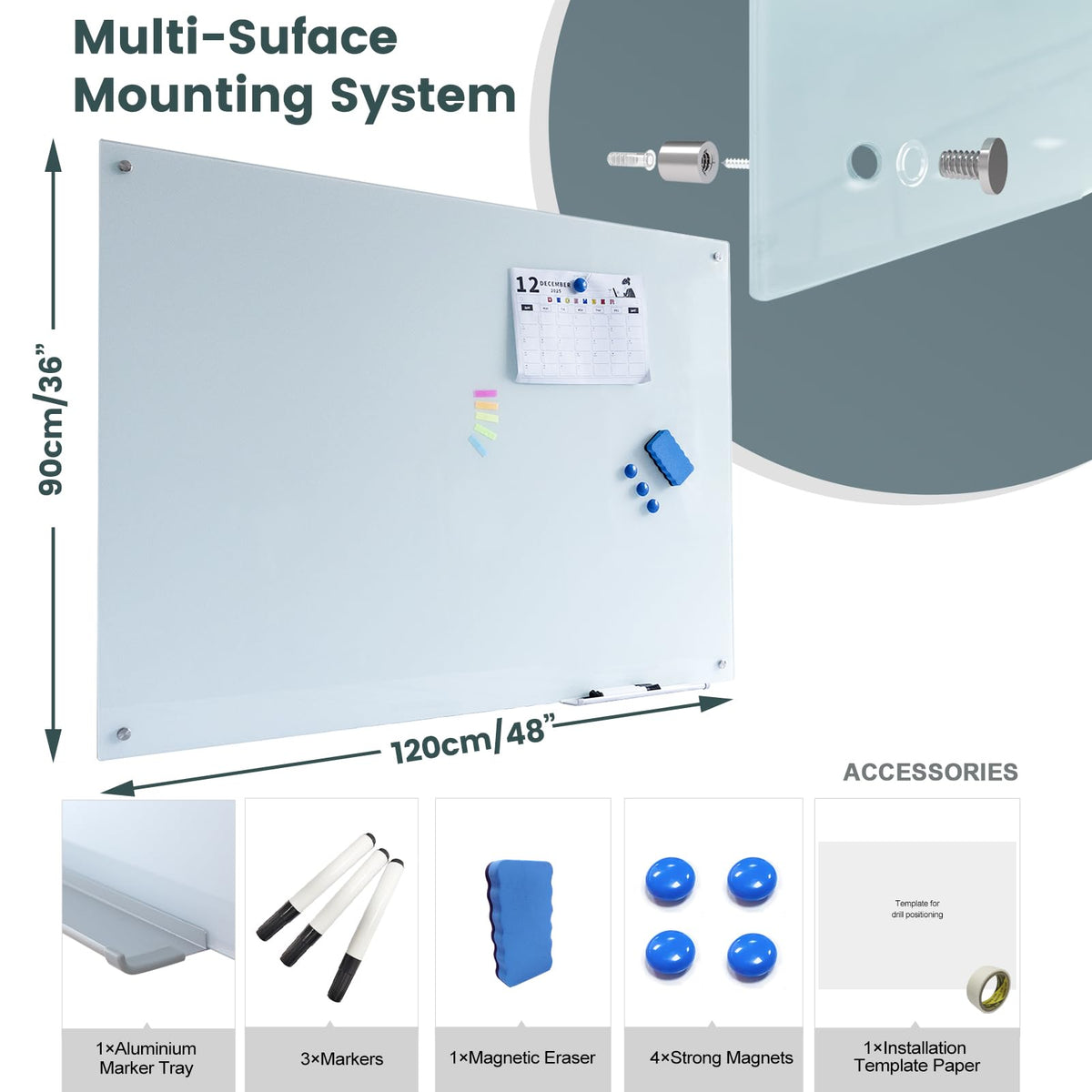 Glass Whiteboard 48"X36" Magnetic Glass White Board Frameless Wall Mounted Dry Erase GlassBoard for Office School Home