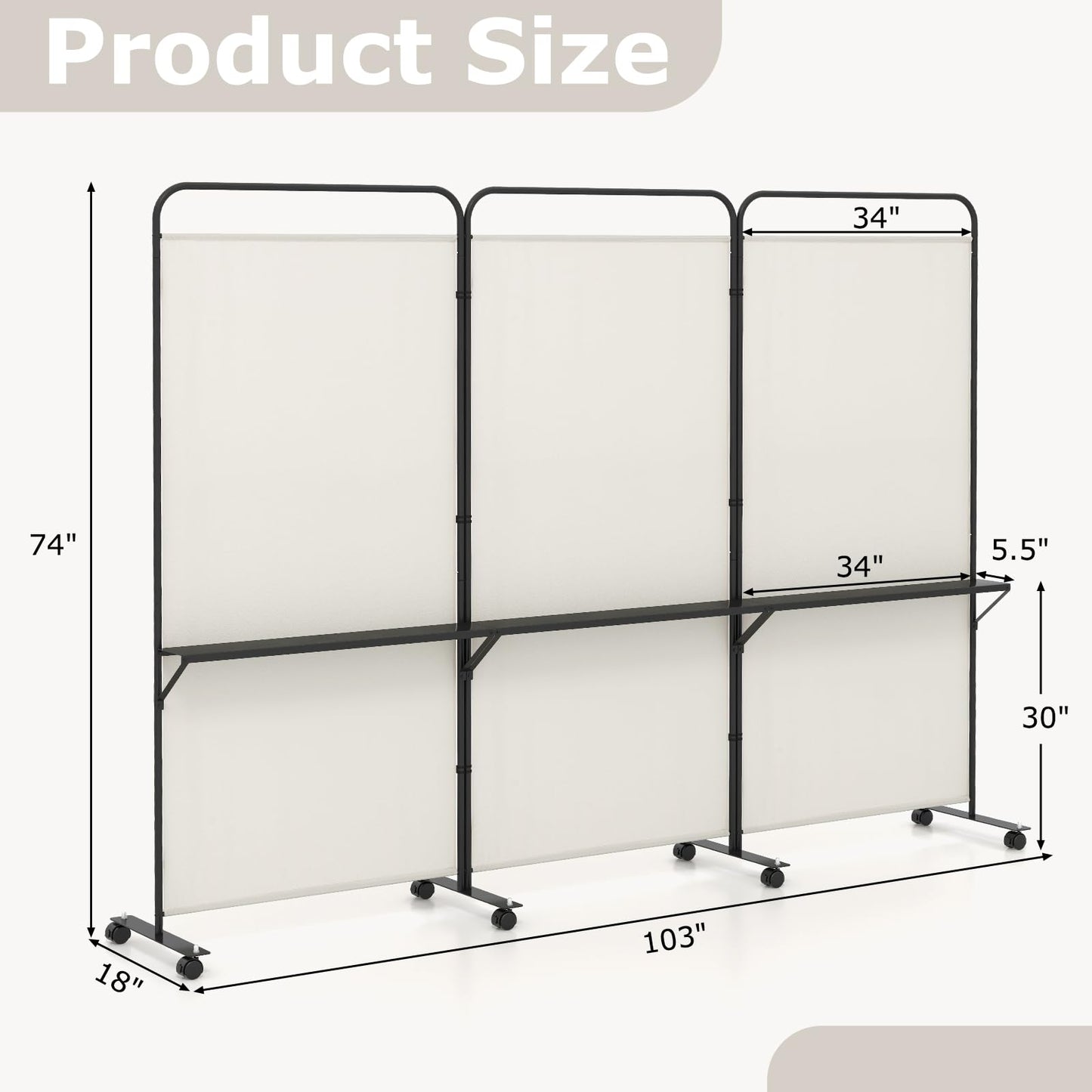 Giantex 3 Panel Room Divider with Wheels and Shelves, 103" W x 74" H Folding Privacy Screen, Rolling Partition Separator for Home Office Studio, Fabric Wall Divider for Room Separation (Beige)