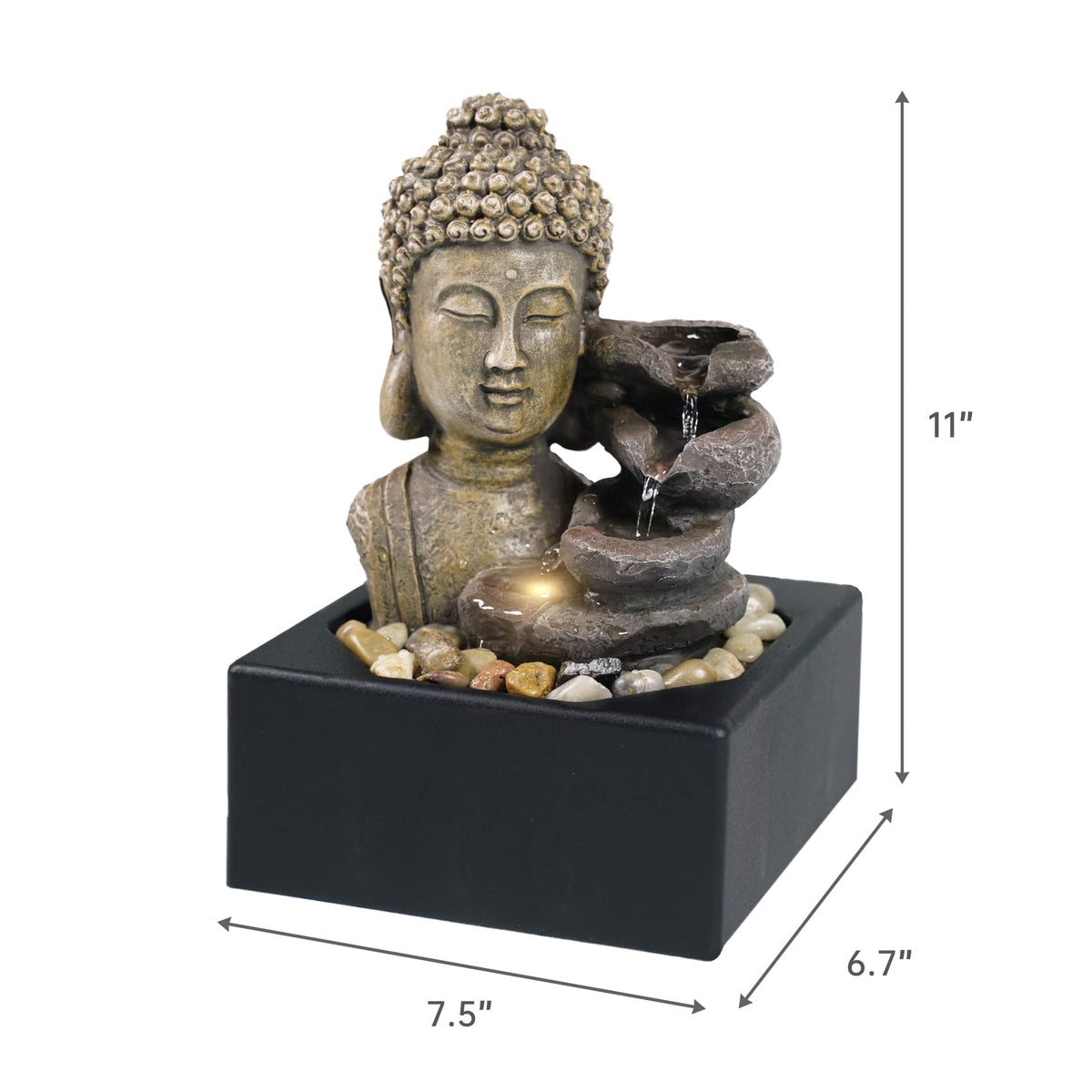 Ferrisland Tabletop Waterfall Fountain Indoor - Buddha Water Fountains 4-Tier Tabletop Waterfall of Zen Meditation Buddha Fountain with LED Warm Light for Office Home and Bedroom Desktop Decor