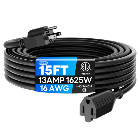 MJYRLBZ 15 FT Indoor Outdoor Extension Cord - Heavy Duty 16/3 Gauge, Waterproof Weather Resistant, 3 Prong, 13A 1625W SJTW, ETL Listed - Perfect for Holiday Lights, Lawn Care, and Power Tools