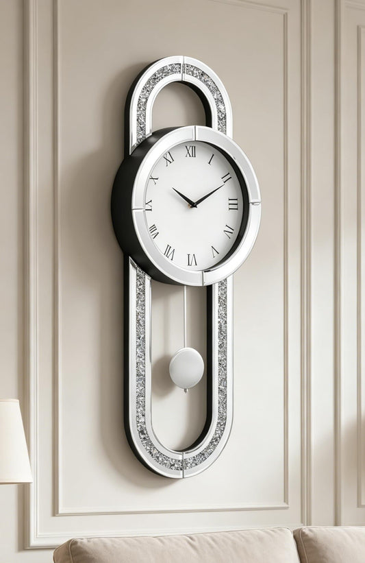 SHYFOY Decorative Wall Clock 31.5" Mirrored Pendulum Clock Silent Quality Quartz Luxury Large Wall Clocks with Crushed Diamond and Silver Glass for Living Room Home Decor & Gift