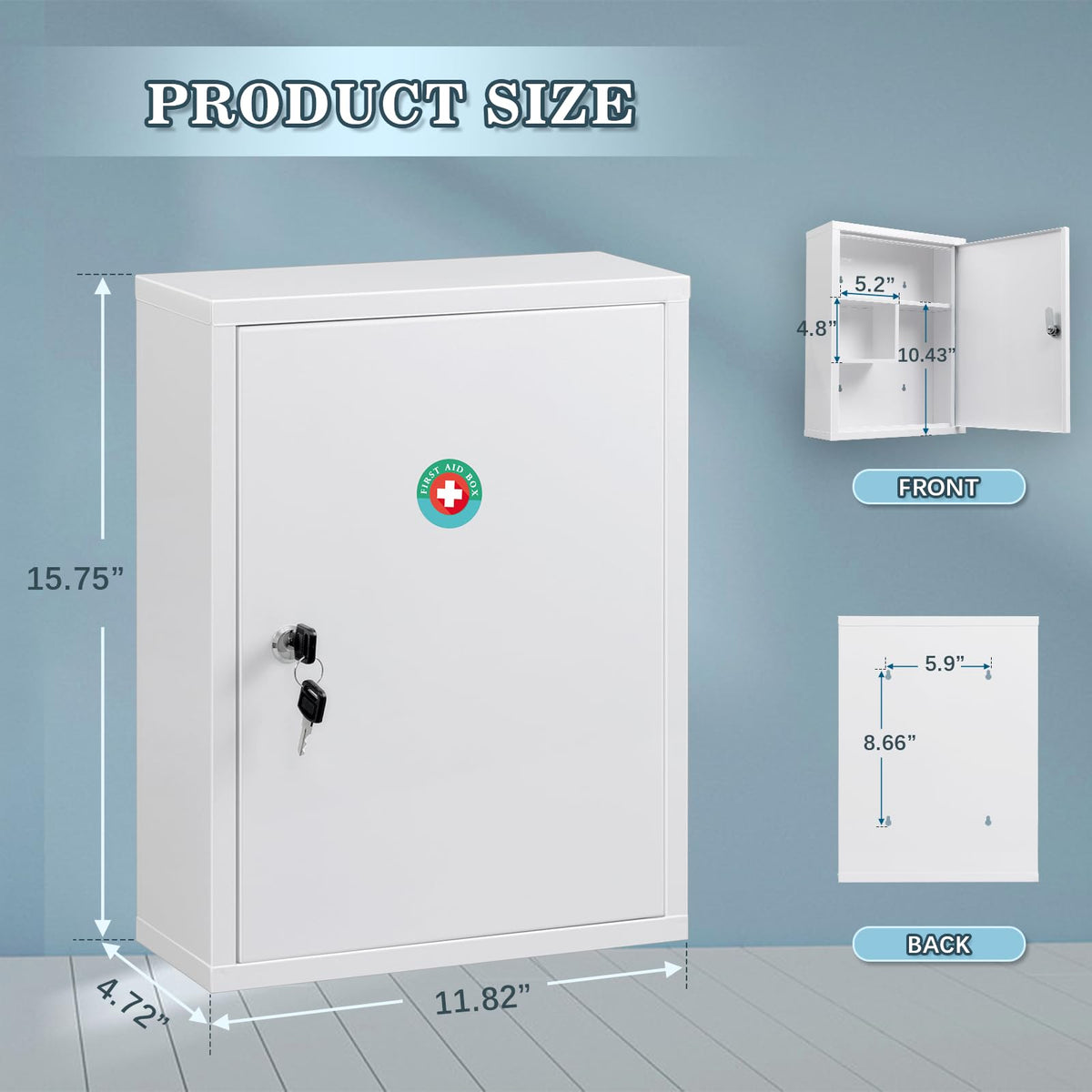 KYODOLED Wall Mount Locking Medicine Cabinet, Large Capacity First Aid Cabinet for Bathroom, Medicine Cabinet with Key, Secure Steel Lock Box for Medication, 15.75" H x 11.82" W x 4.72" D, White
