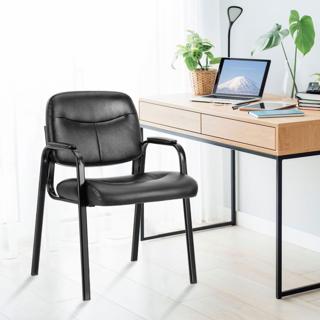 UOCFYK Reception Chairs, Leather Conference Room with Padded Arms and No Wheels for Professional Office Meeting Spaces and Guest Seating，Black-2 Pack