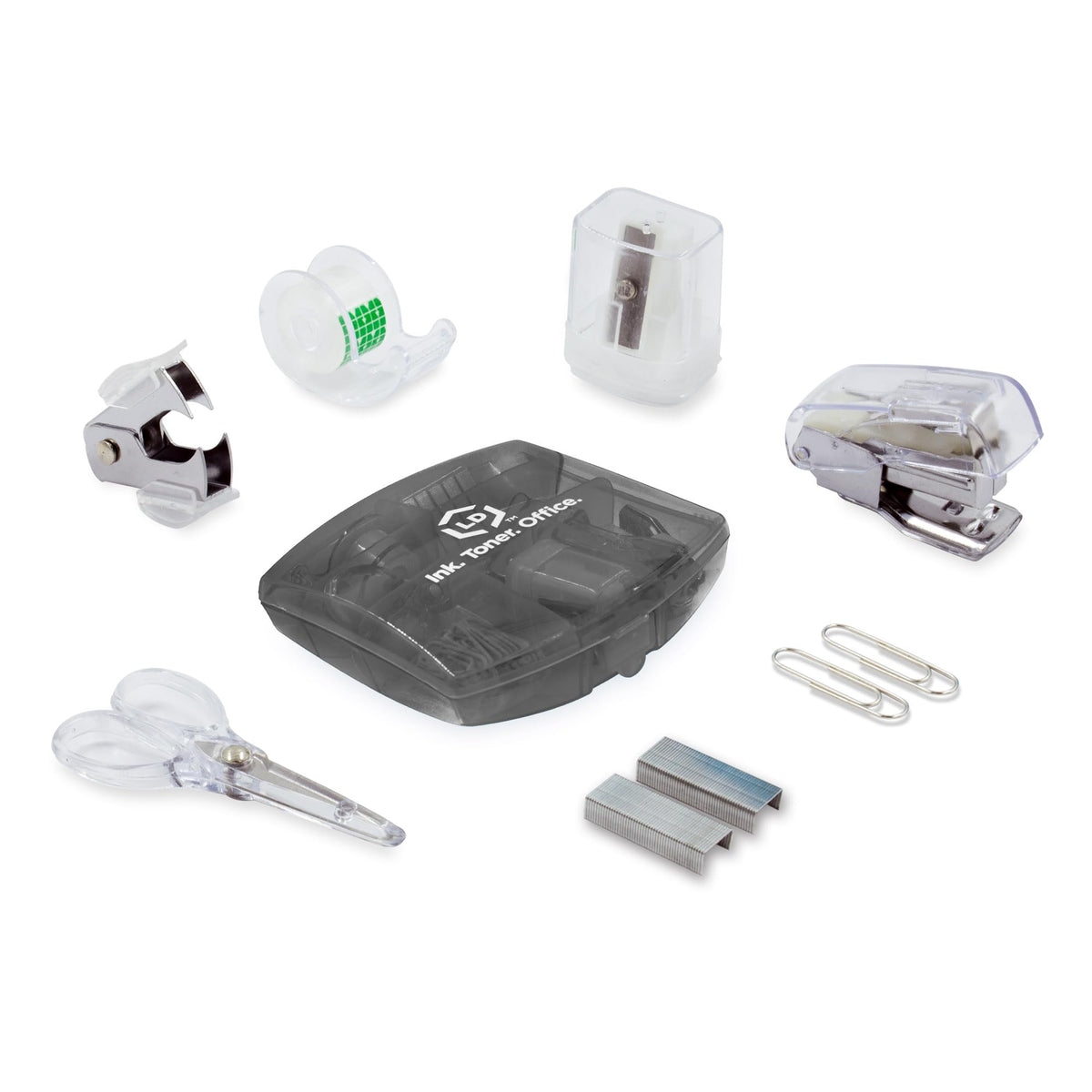 LD Products Black Mini Office Supply Kit Portable Case with Scissors, Paper Clips, Tape Dispenser Set, Pencil Sharpener, Mini Stapler with Staples and Staple Remover