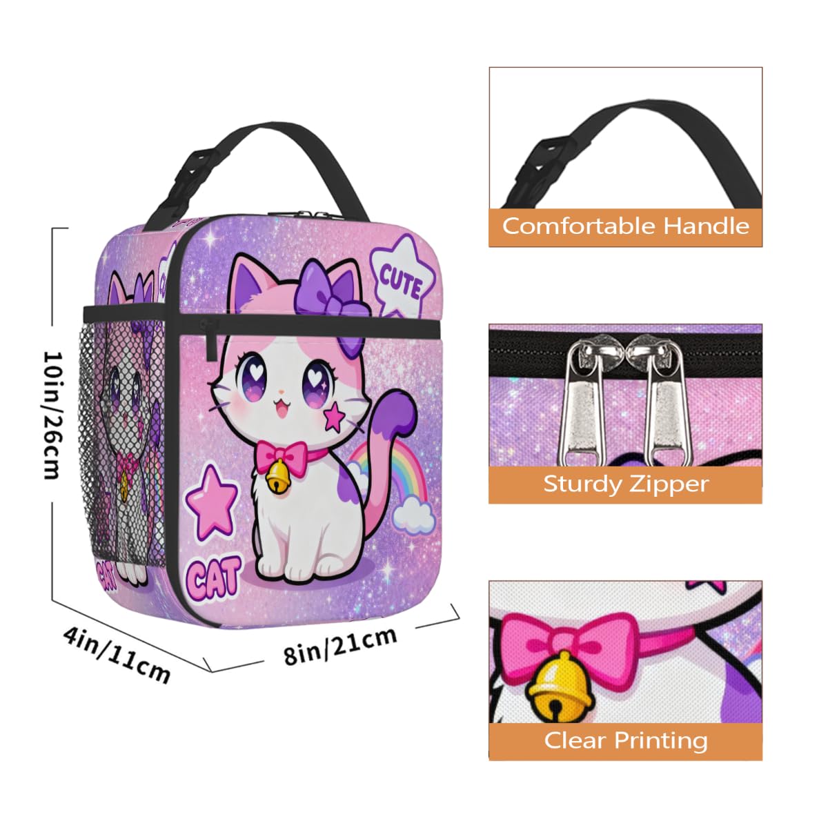 AUUXVA Cute Kids Insulated Lunch Bag - Girls Lunch Boxes for School Waterproof Lunchbox with Water Bottle Holder, Reusable Portable Lunch Tote for Office Beach Picnic(Cat)