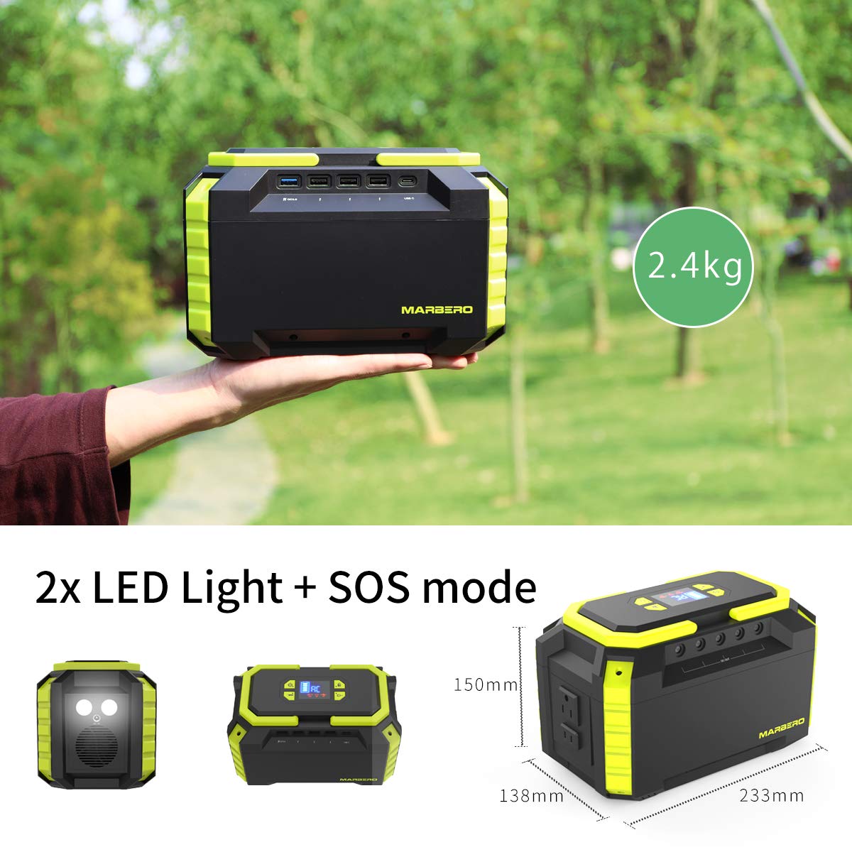 MARBERO 222Wh Portable Power Station 200W Outdoor Generator 60000mAh with AC Outlet 110V 200W DC USB LED Flashlights Lithium Battery Power Supply for CPAP Camping Backup Emergency Home