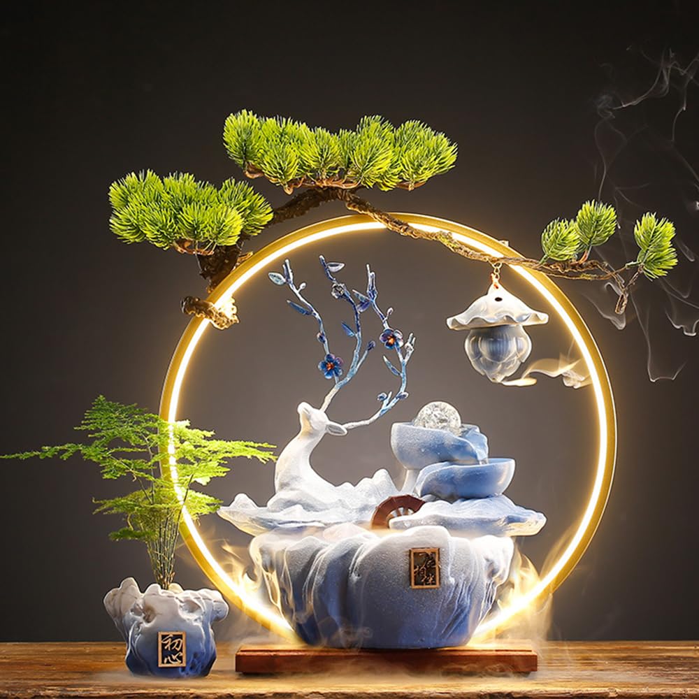 CIFUPUQU Tabletop Water Fountain, 17.3”Tall Deer Statue Waterfall Fountain with Incense Holder, LED Light & Adjustable Pump, Zen Relaxation Desk Fountains for Office,Living Room or Bedroom