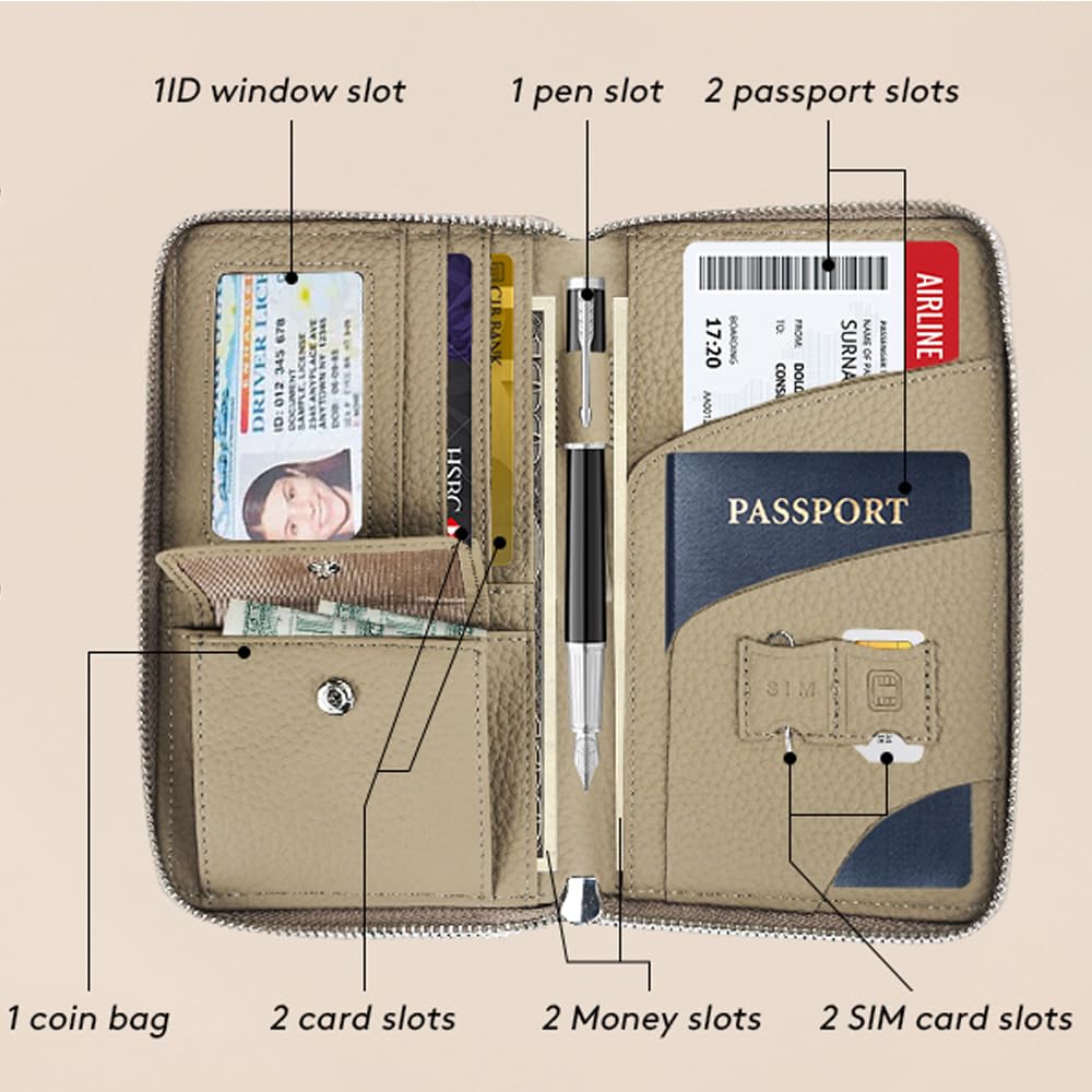 Leather Travel Wallet, RFID passport wallet for travel, with Zippered Pocket and Cash Slot, for Secure Traveling and Documentation Organizer (Eephant Grey)