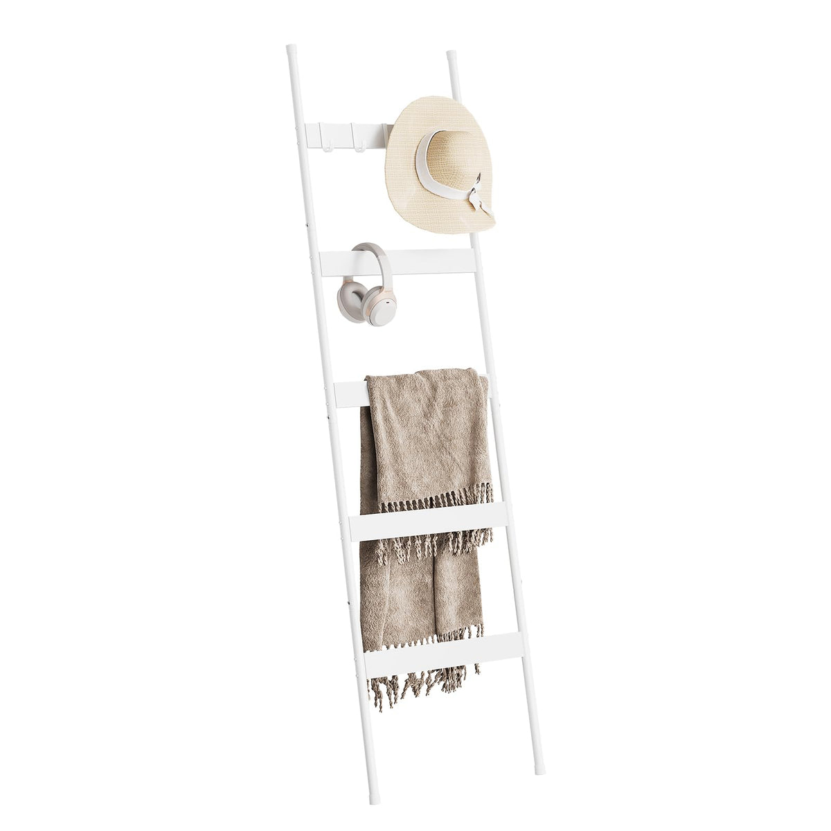 ELYKEN Blanket Ladder for Living Room, Farmhouse 5-Tier Quilt Holder with 4 Removable Hooks for Bathroom, Wood Towel Rack Display, Wall Anchor Leaning Decorative Stand for Home, White