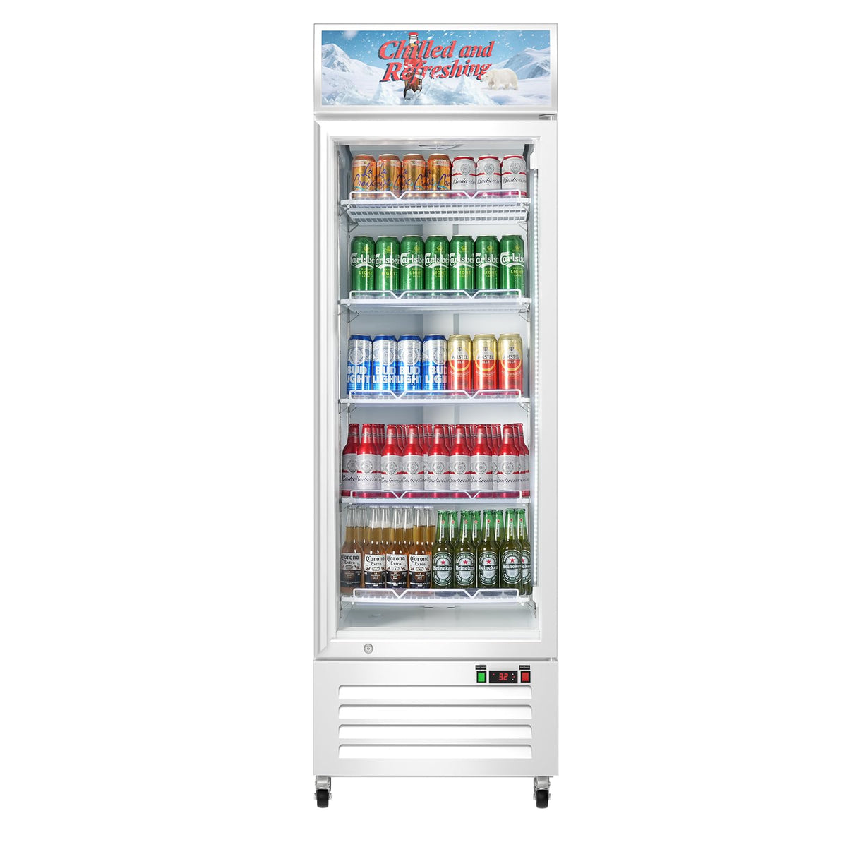 Velieta Commercial Beverage Refrigerator with Glass Door, 383L Display Fridge Beverage Cooler with Customizable Lightbox Adjustable Shelves, Drink Fridge Merchandiser for Restaurant Shop, White