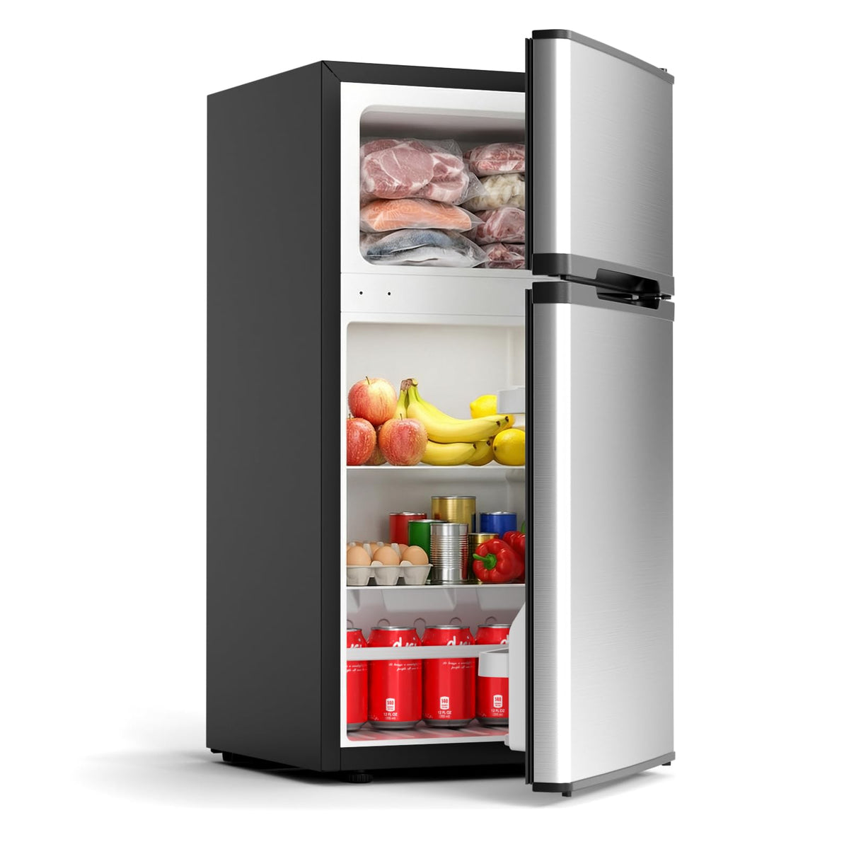 COWSAR 2.5 Cu.Ft Dorm Fridge with Freezer, Double Reversible Door Compact Refrigerator with 2 Removable Shelves, Commercial Drink Fridge for Bedroom, Office, Kitchen, Dorm, Silver