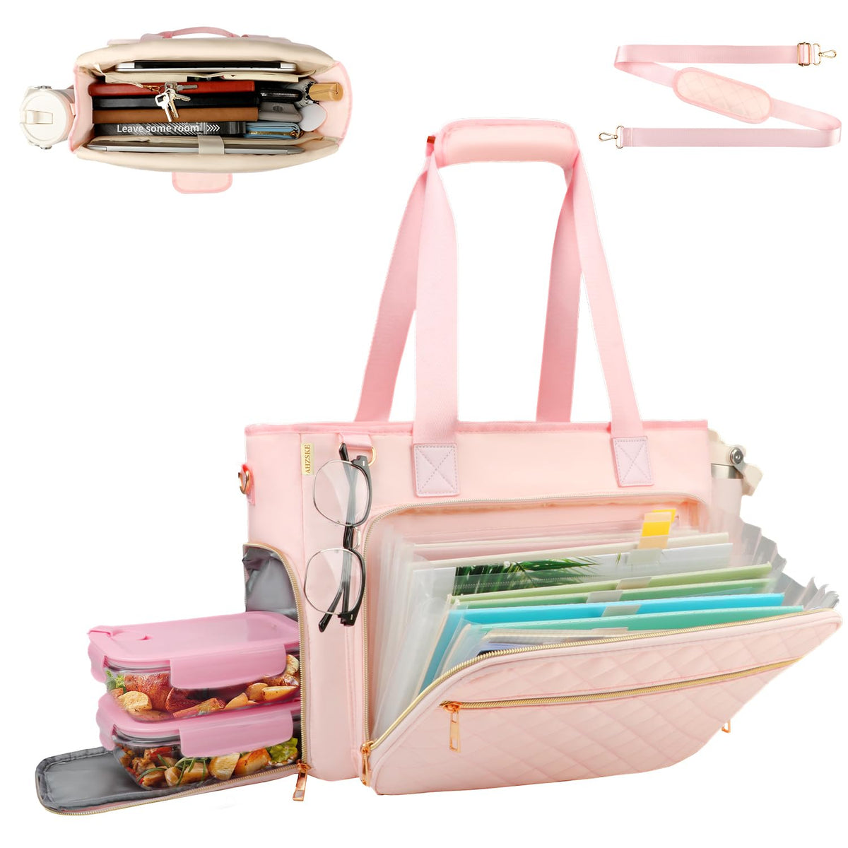 ahzske Lunch Work Tote Bag for Women with Accordion File Organizer Pocket, 3 in 1 Daily Tote Bag with Insulated Lunch Compartment& 15.6 Inch Laptop Compartment for Business Teacher Nurse (Pink)