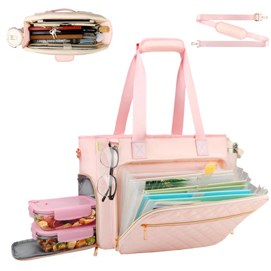 ahzske Lunch Work Tote Bag for Women with Accordion File Organizer Pocket, 3 in 1 Daily Tote Bag with Insulated Lunch Compartment& 15.6 Inch Laptop Compartment for Business Teacher Nurse (Pink)