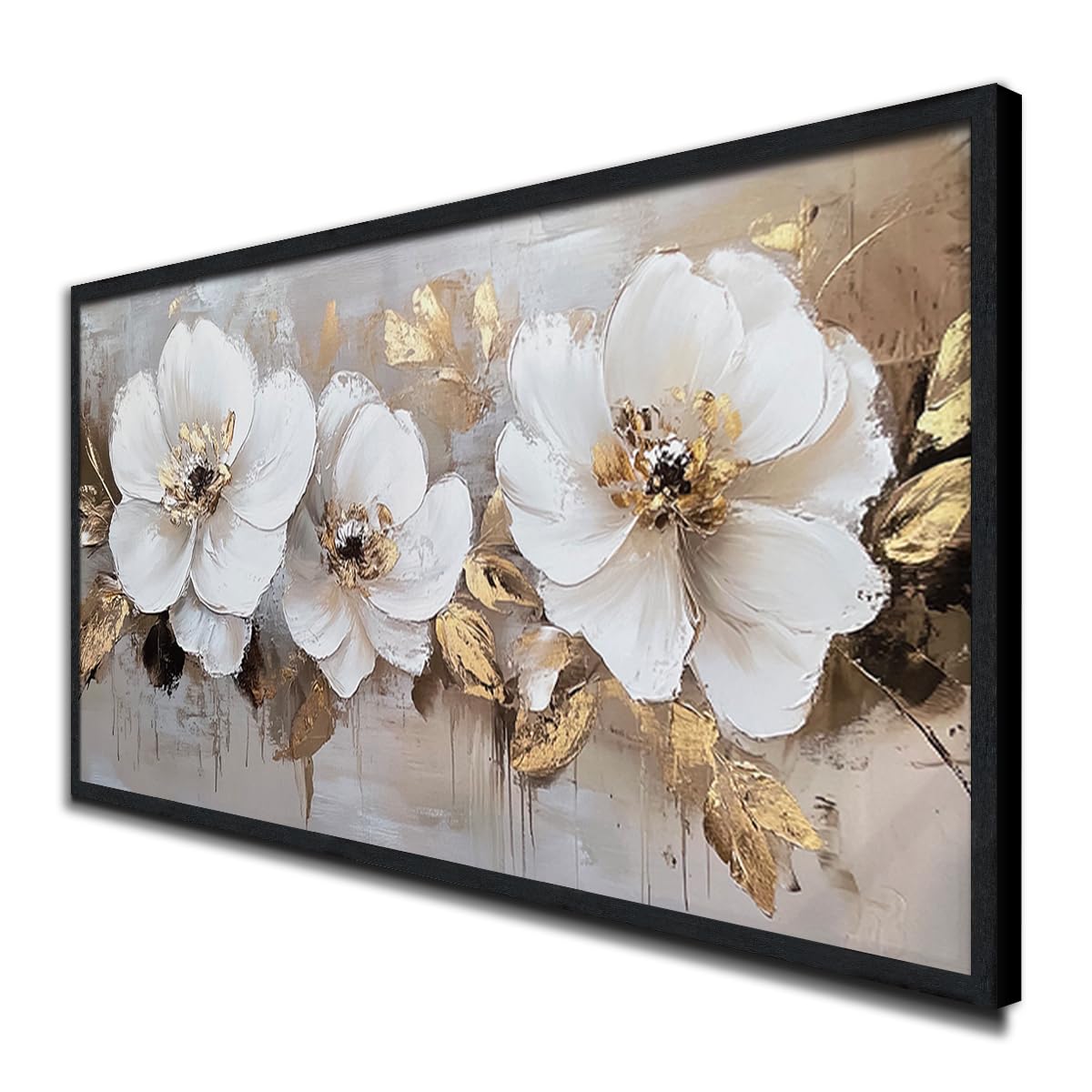 Large Framed Cream White and Gold Abstract Floral Paintings Modern Canvas Wall Art Flower Print Artworks for Home Office Decor