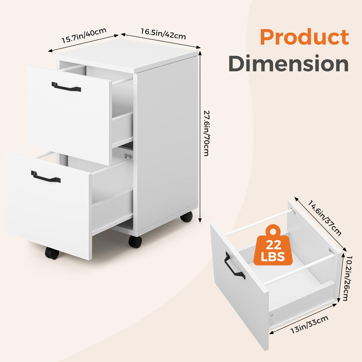 Sweetcrispy 2 Drawer Filing Cabinet White, Rolling Wood File Cabinets with Printer Stand Under Desk Storage Lockable Wheels, Home Office Organizer