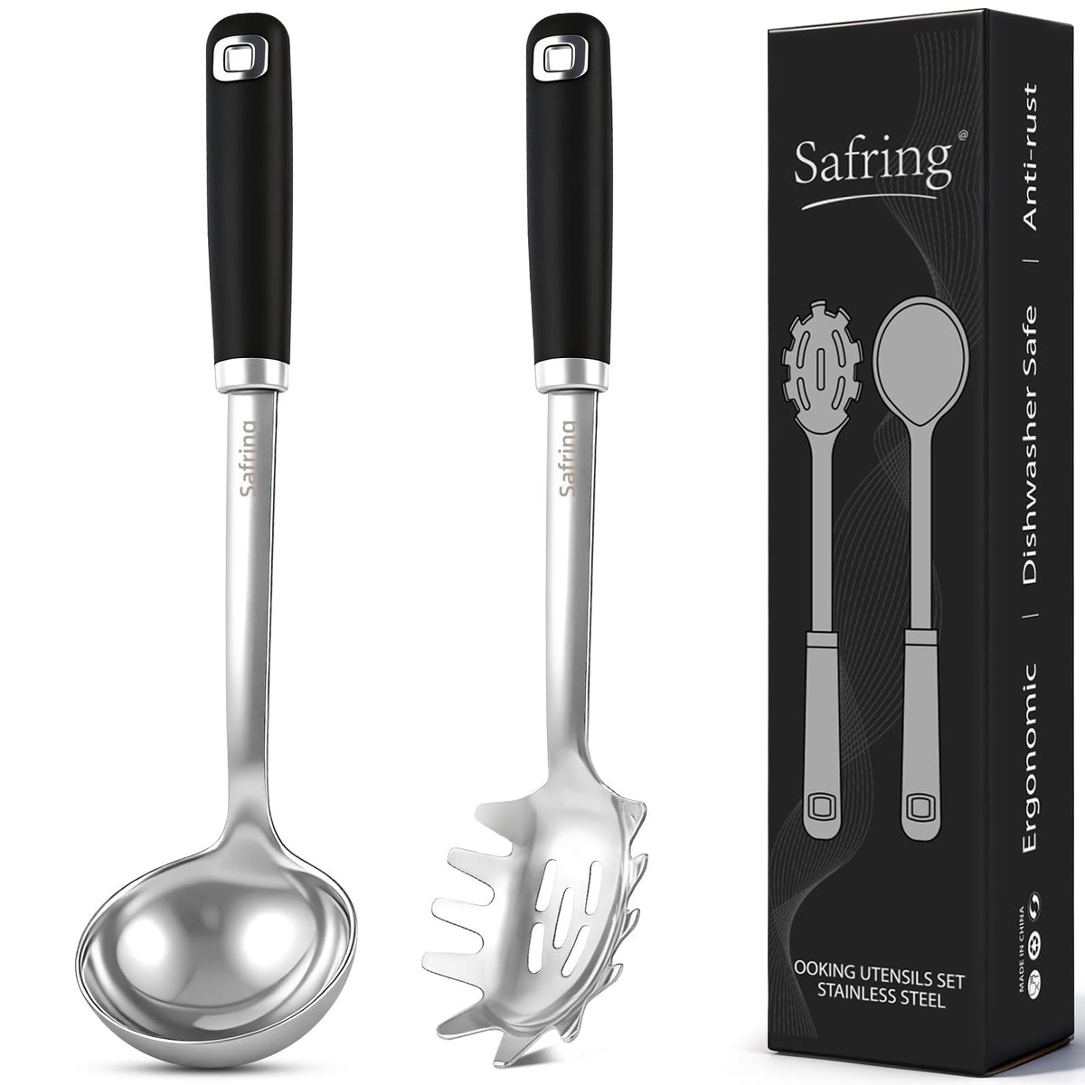 Safring Stainless Steel Soup Ladle and Spaghetti Spoon Set, Heat Resistant Rubber Handle, Dishwasher Safe, Kitchen Utensils for Cooking, Stirring, Serving Pasta, Soup & Sauce