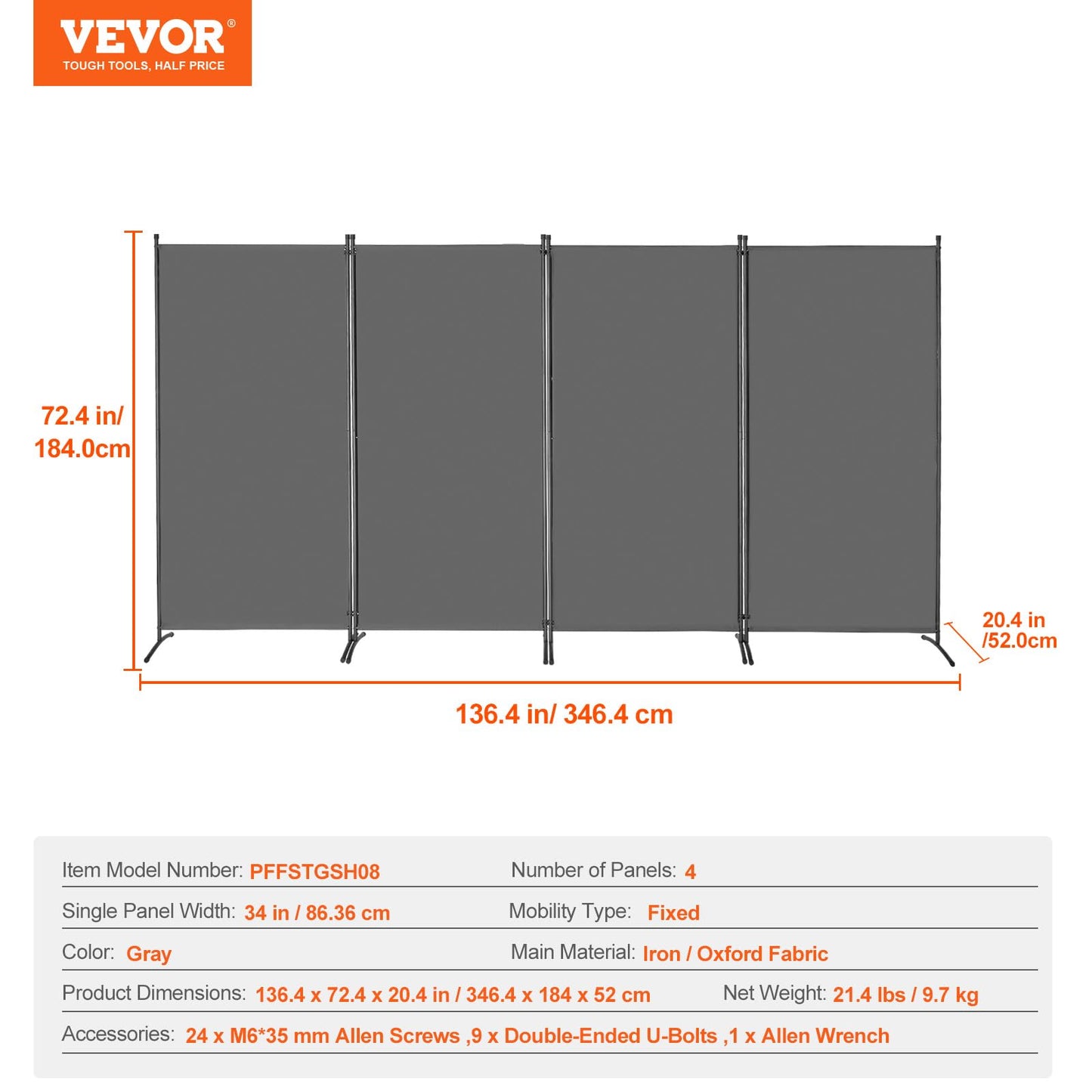 VEVOR Room Divider, 4 Panel Room Divider, 136" W Folding Privacy Screen and Portable Partition Divider for Room Separation, Freestanding Room Partitions for Office, Bedroom, Study, Grey