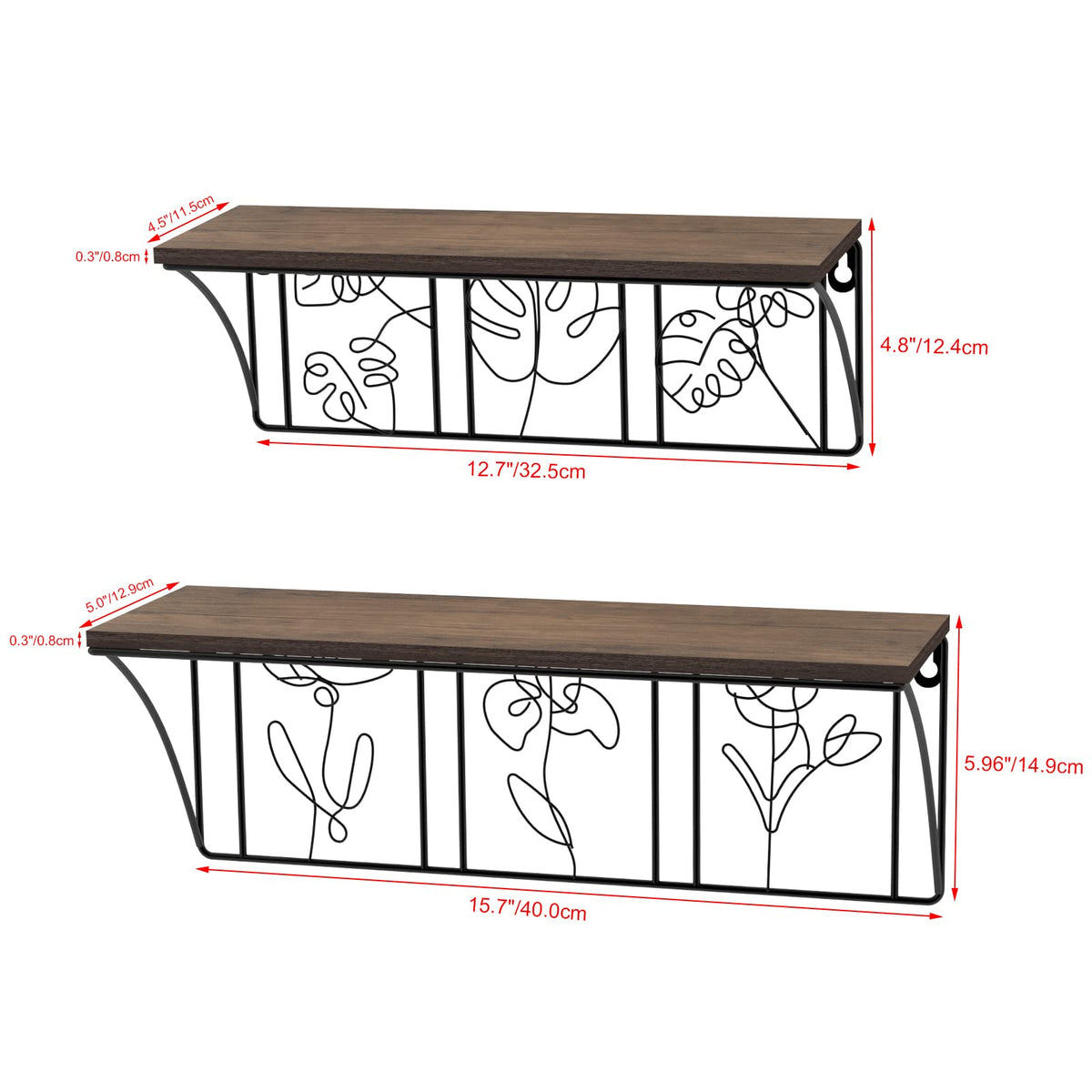 QUTREY Plant Wall Art Floating Shelves Set of 2, Minimalist Metal Abstract Decor Rustic Wooden Shelf for Living Room, Bedroom, Bathroom