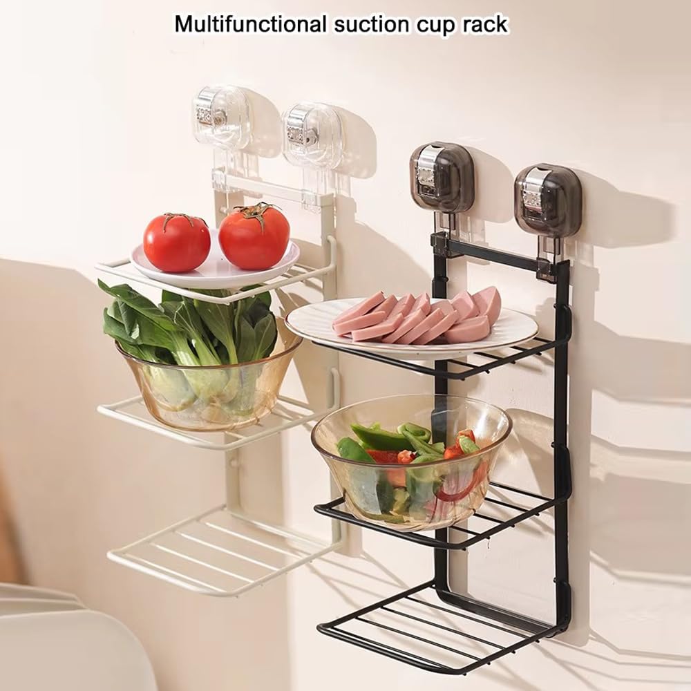 ELEFOCUS Suction Cup Kitchen Dish Storage Rack,3 Tier Food Preparation Tray,Wall Mounted Vegetable Tray Vegetable Preparation Rack,Multi-Layer Side Dish Storage Rack, Folding Non Perforated (White)