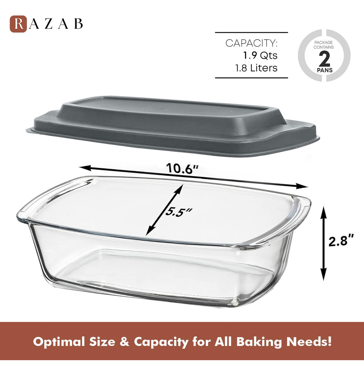Razab LARGE 7.6 Cups/1800 ML/1.9 Qt Glass Loaf Pan with Lids (Set of 2) - Meatloaf Pan BPA free Airtight Lids Grip Handle Easy Carry, Microwave and Oven Safe - Loaf Pans For Baking Bread, Cakes