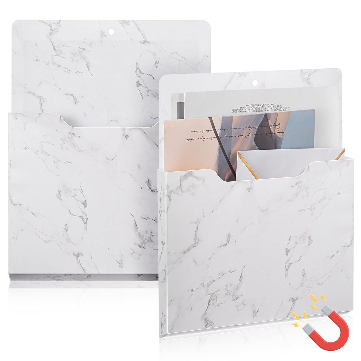 MotiMind 2 Pcs Magnetic File Holder White Marble Design Magazine Storage Wall Refrigerator Organizer Office Supplies Magnetic Paper Holder for Document Mail Magazine Letters Notebooks Organization