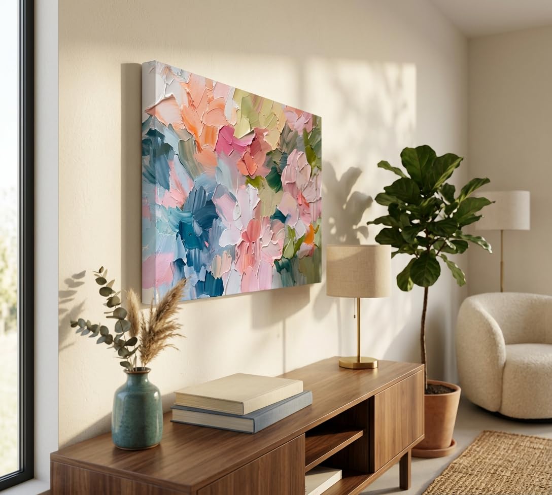 KKJ Pink Abstract Canvas Wall Art, Modern Colorful Oil Painting Style Print, Danish Pastel Palette Wall Decor, Ready to Hang, 12 x 16 Inches