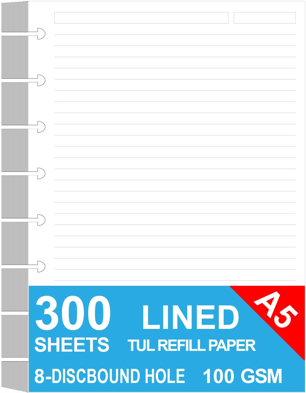 Junior Size Discbound Refill Paper - 8 Discs Discbound Paper, Lined Arc Paper Refill, 100gsm, Disc Paper Refill White Paper, 300 Sheets/600 Pages, 5.8 X 8.25 in
