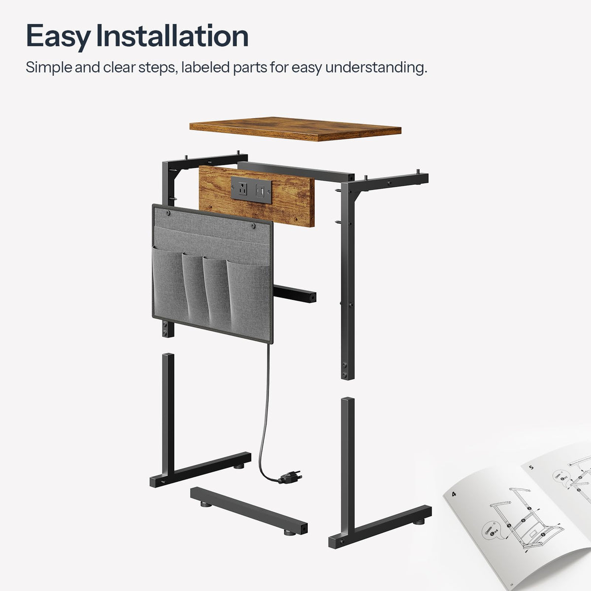HOOBRO C Shaped End Table with Charging Station, 28" H Couch Side Table Slide Under, Sofa Arm Tray Table with Storage Bag for Living Room, Recliner, Rustic Brown BF70USF01