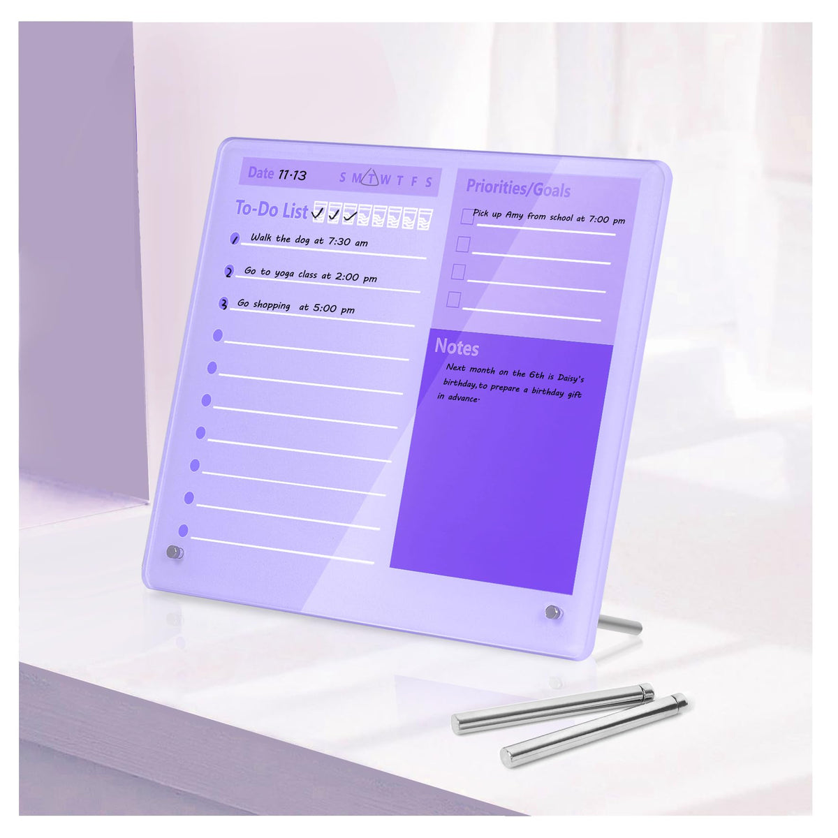 Desktop Thick Acrylic Dry Erase Board to Do Planning Board, 12" x 10", Desktop White Board with Stand, Frameless Purple Dry Erase White Board for Office/Home/School
