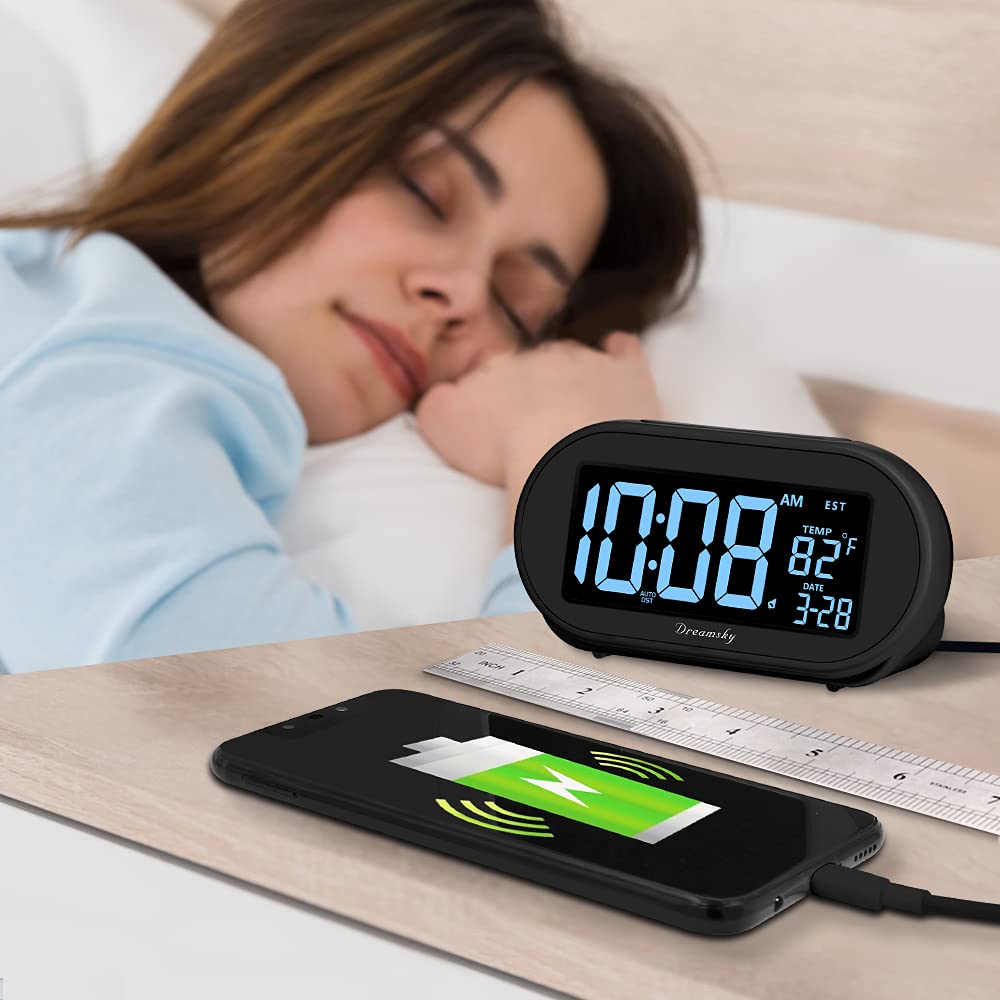 DreamSky Alarm Clocks for Bedrooms, Auto Set Digital Desk Clock for Bedside Nightstand, Electric Clock with Dimmable Brightness Dimmer, Auto DST, USB Port, Date, Temperature, Snooze