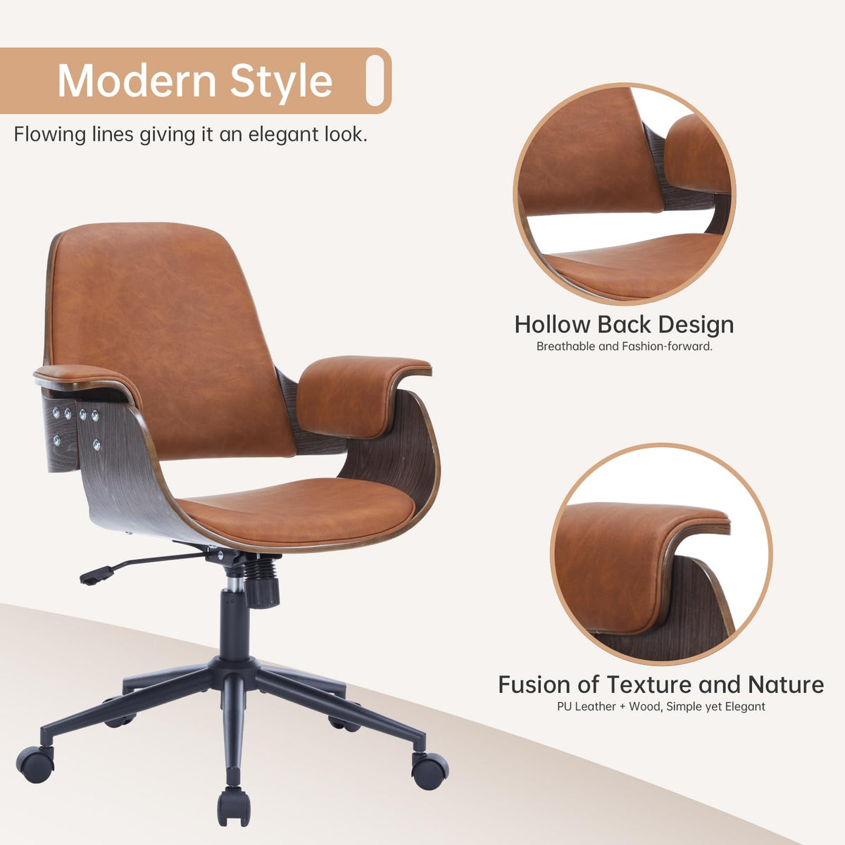 Mid Century Modern Home Office Chair,Ergonomic U-Shape Mid Back Executive Chair,Adjustable Height Swivel Computer Chair with Walnut Finish&PU Leather,Accent Chairs for Study Bedroom Workspace(Brown)