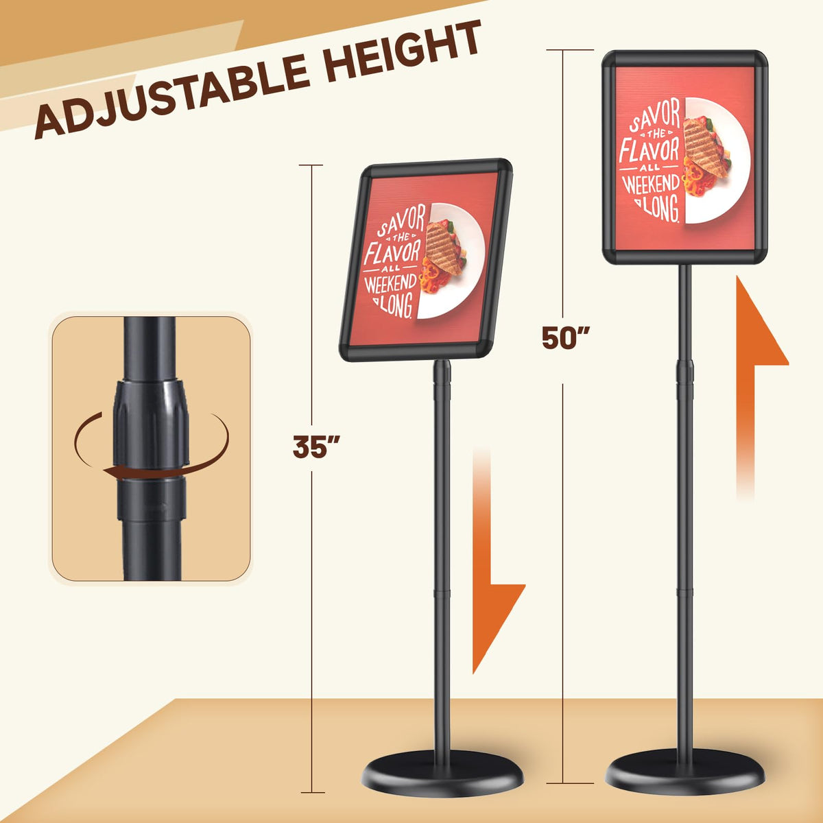 Newzueby Adjustable Pedestal Floor Stand Sign Holder for 8.5*11 inches Poster or chalk board, Snap open frame,360° Rotation,Outdoor Indoor Standing Display Sign Holders for advertising ,Black