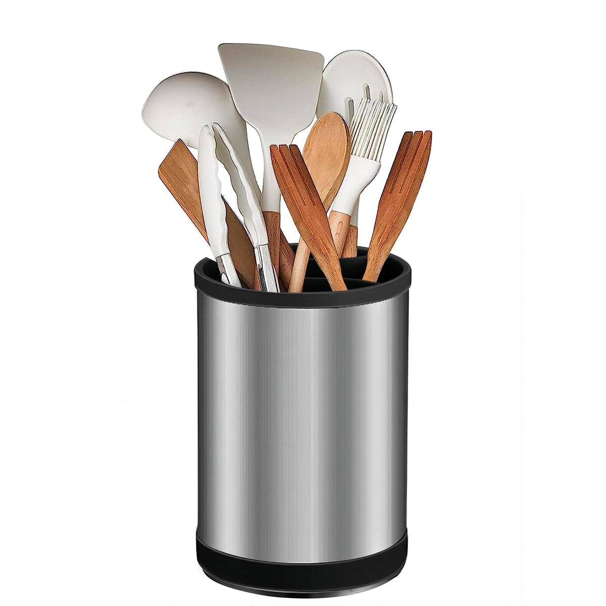 TIMENIL Kitchen Utensil Holder for Countertop, 360°Rotating Cooking Utensil Crocks，4 Compartment Stainless Steel Utensil Holder,6.7”Large Utensil Crock Spoon Fork Knife Holder For Kitchen Counter