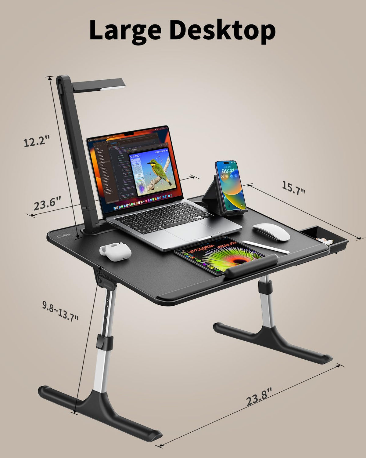 Laptop Table with LED Desk Light, SAIJI Laptop Stand for Bed, Height Adjustments Bed Desk with Book Stand for Reading Writing Drawing (Black)