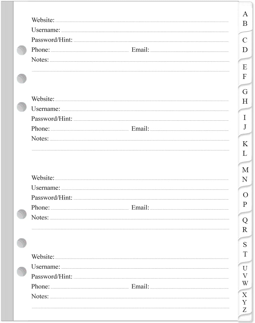 Password Book Refills for A5 Binder - A-Z Password Notebook Refill Paper with Alphabetical Tabs, 120gsm White Paper, 6-Hole Punehed, 5.8" x 8.3"