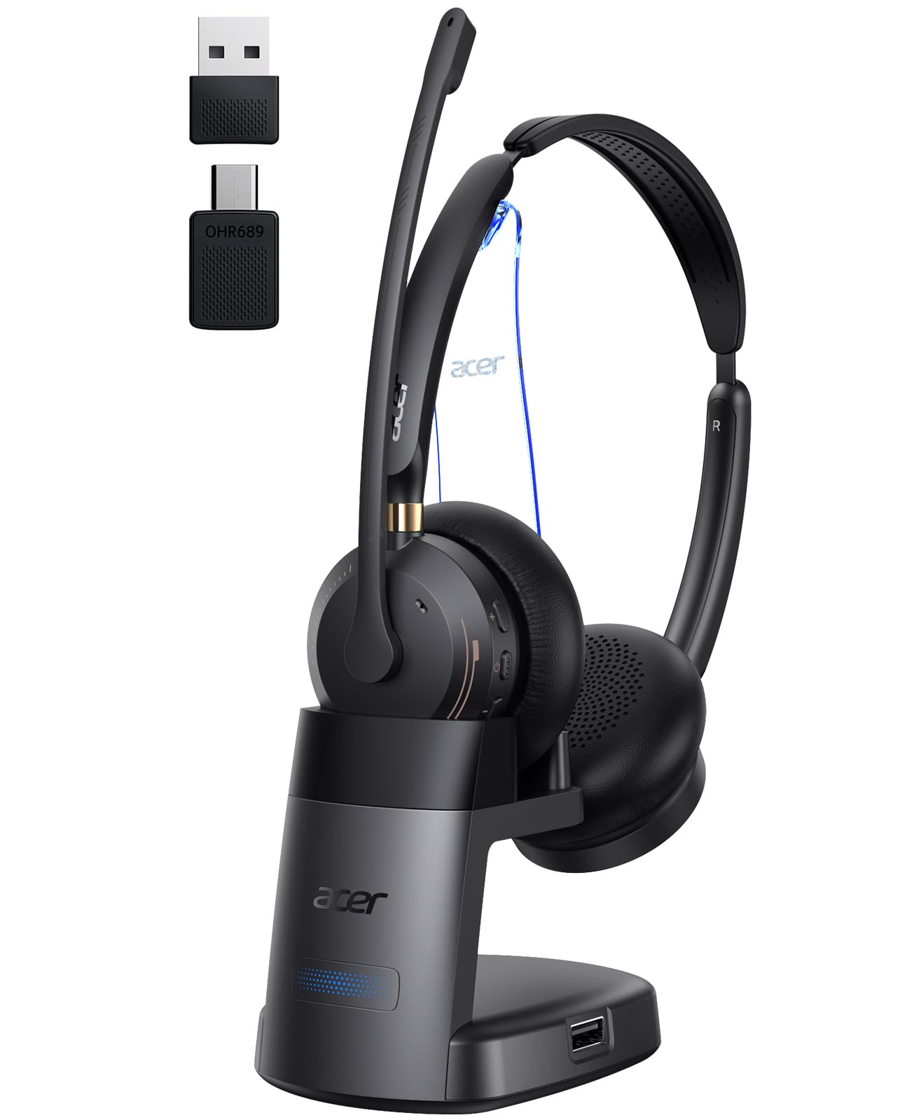Wireless Headset with Mic for Work, AI ENC Noise Cancelling for Clear Call ＆ Meeting, Work Headset with Charge Stand for Remote & Office, Bluetooth 5.3 & 2.4G Dongle Headset for PC, Phone, Teams, Zoom