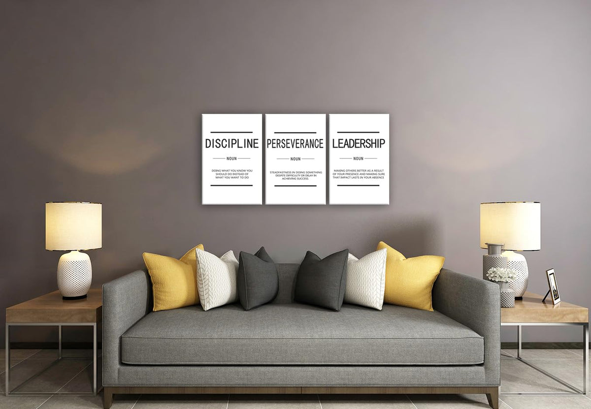 Inspirational 3 Pieces Discipline Noun Motivational Canvas Wall Art Inspirational Perseverance Leadership Noun Painting Poster Print Artwork Office Wall Decor Gym Living Room Frame[48''Wx 24''H]
