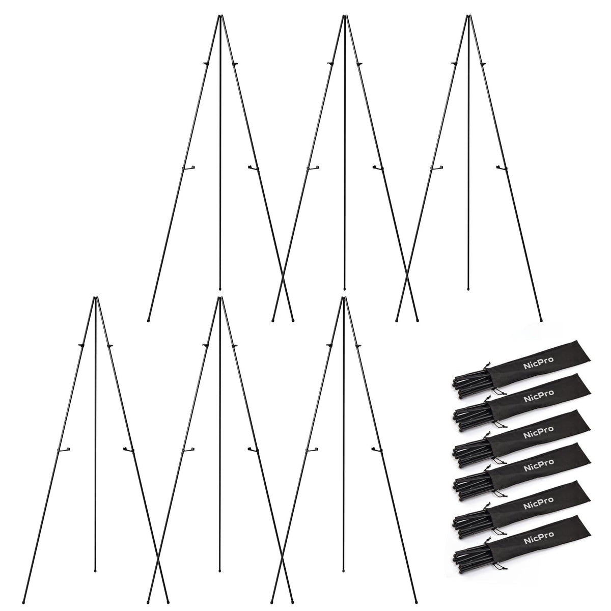 Nicpro Art Folding Easels for Display, 6 Pack 63 Inches Metal Floor Easel Stand Bulk Tripod Black Collapsible for Sign Artist Poster Wedding | with Carry Bag